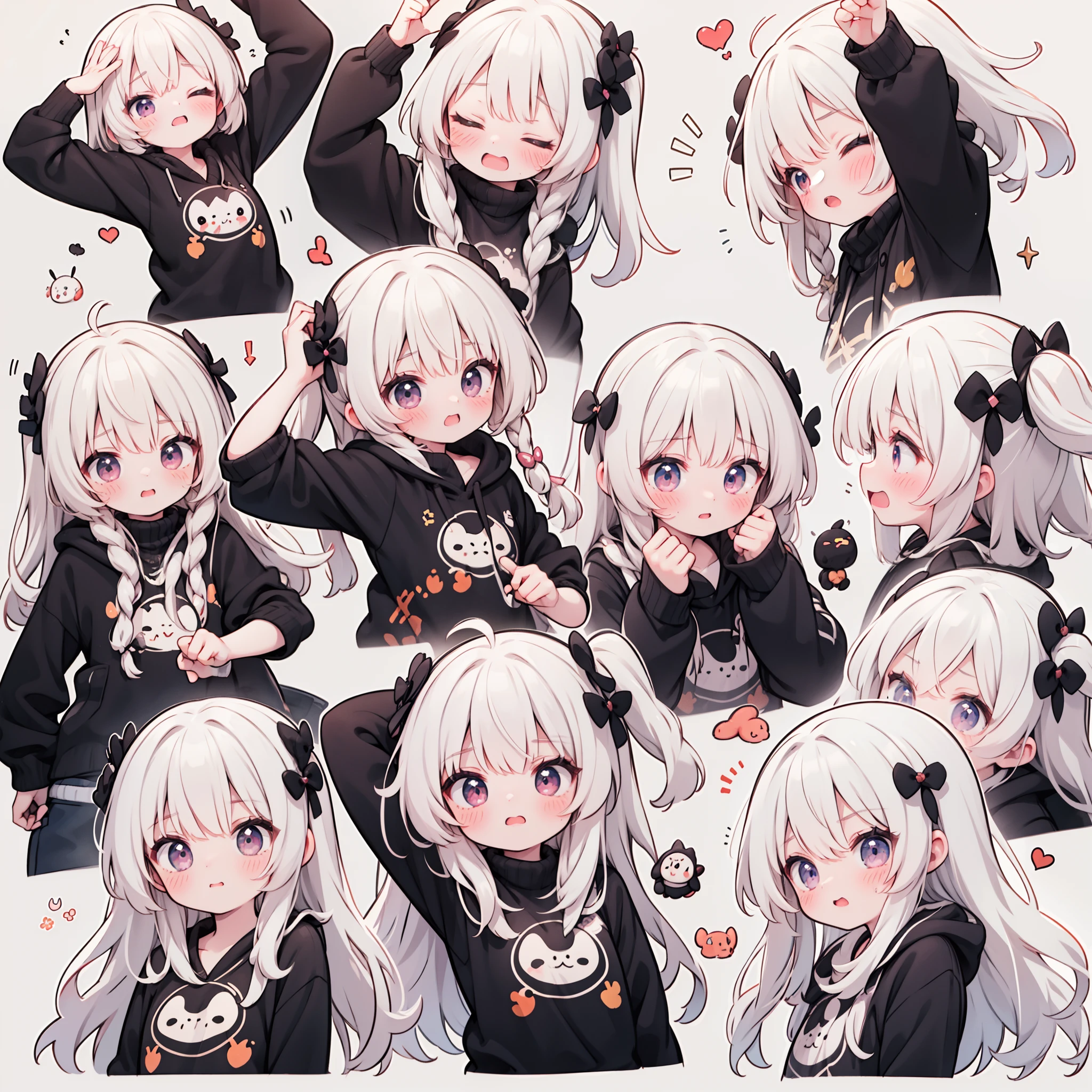 (9 emojis，emoji sheet of，Align arrangement)，9 poses and expressions（grieves，astonishment，having fun，exhilarated，big laughter，Angry，doubt，Touch your head，Sell moe, wait），Extremely detailed CG unified 8K wallpaper, very fine 8KCG wallpaper, absurderes，Lori ，Best quality ，ultra - detailed ，Beautiful face  ，tmasterpiece、Head-to-waist display、Girl、top-quality(tmasterpiece), top-quality, A pink-haired、twosideup、Pink sailor suit and pink cardigan、Pink ribbon、kawaii