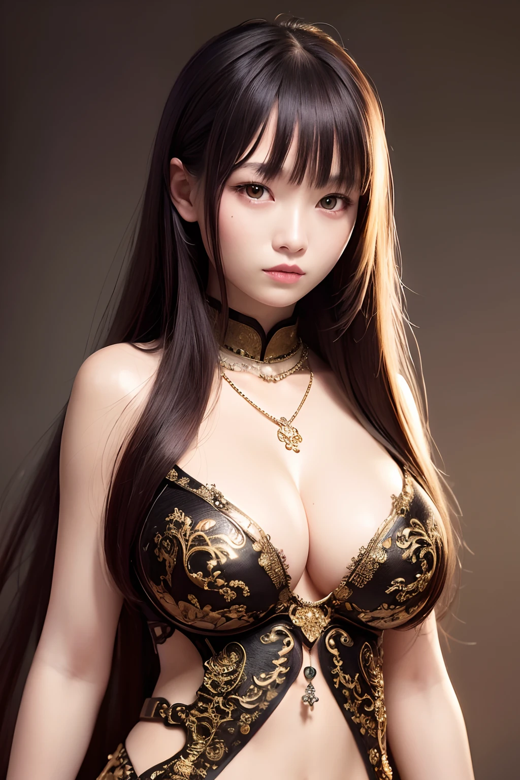Surrealism, super detail, 4k resolution, high resolution, high quality, Chinese girl, realistic, perfect composition, beautiful and intricate details, crazy detail rendering trend, hot figure, artistic photography, wearing cleavage, golden long hair, necklace