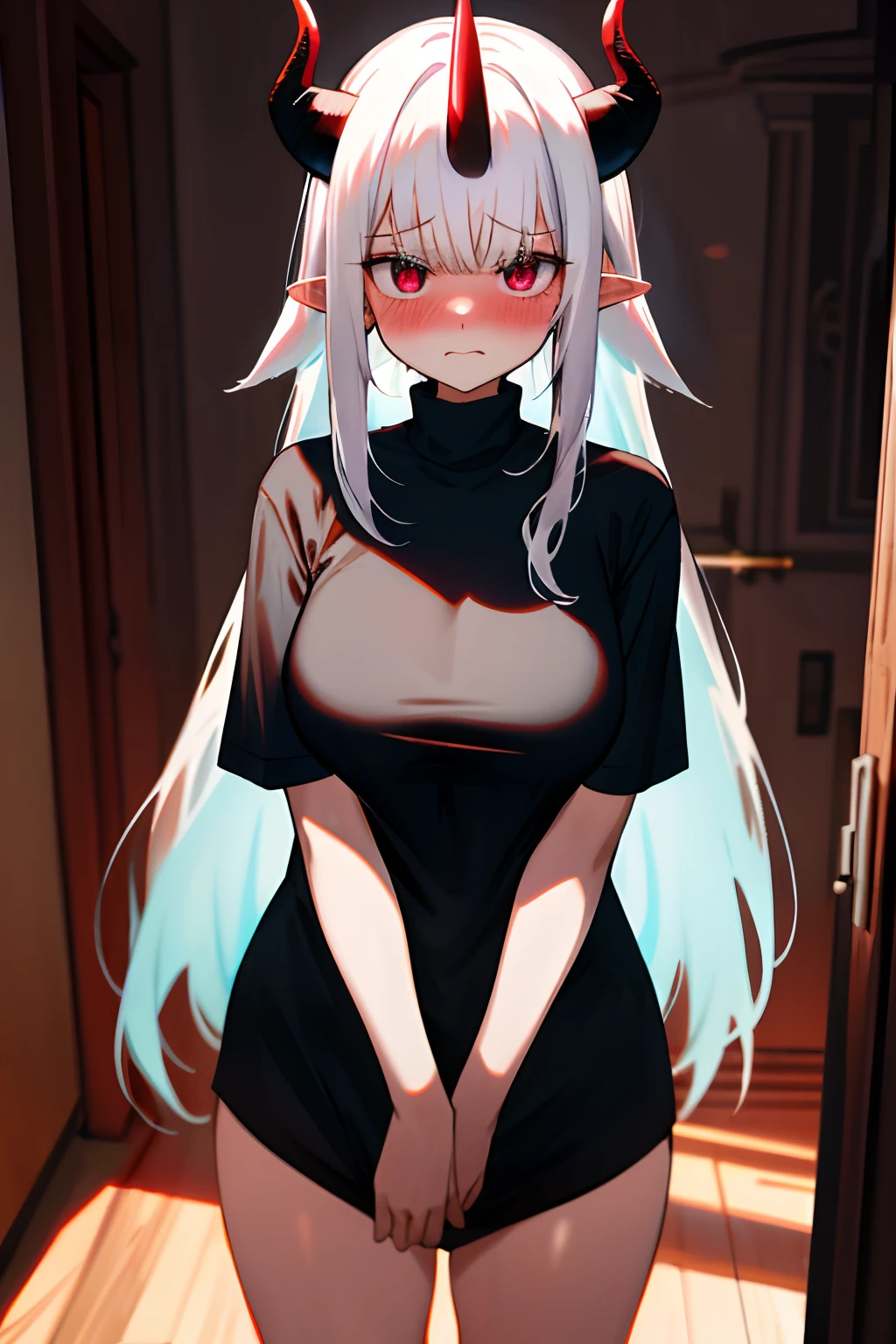 One girl with long hair, white hair, looking at viewer, embarrassed, blushing, indoor , oversized naked black t shirt, t shirt only, thigh, pointy ears, demon wings, demon king, demon horn, medium breast, standing