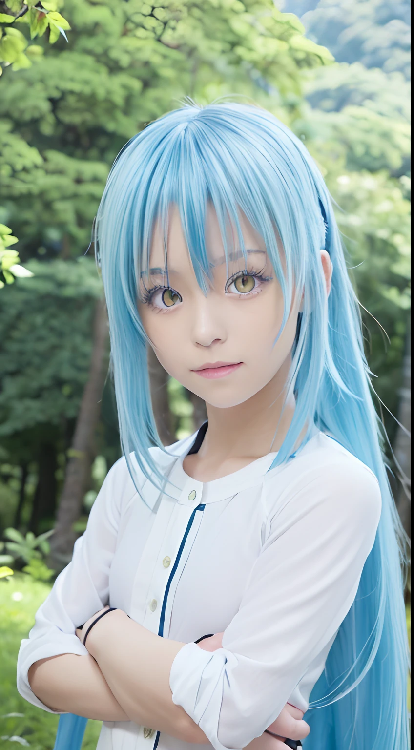 top-quality, 8K, ultra-detailliert, Photorealsitic,top-quality, 8K, ultra-detailliert, tensura, rimuru, Yellow eyes, Beautiful female face with blue hair, One Person, Upper body, forested background, (The body is male:1.5)