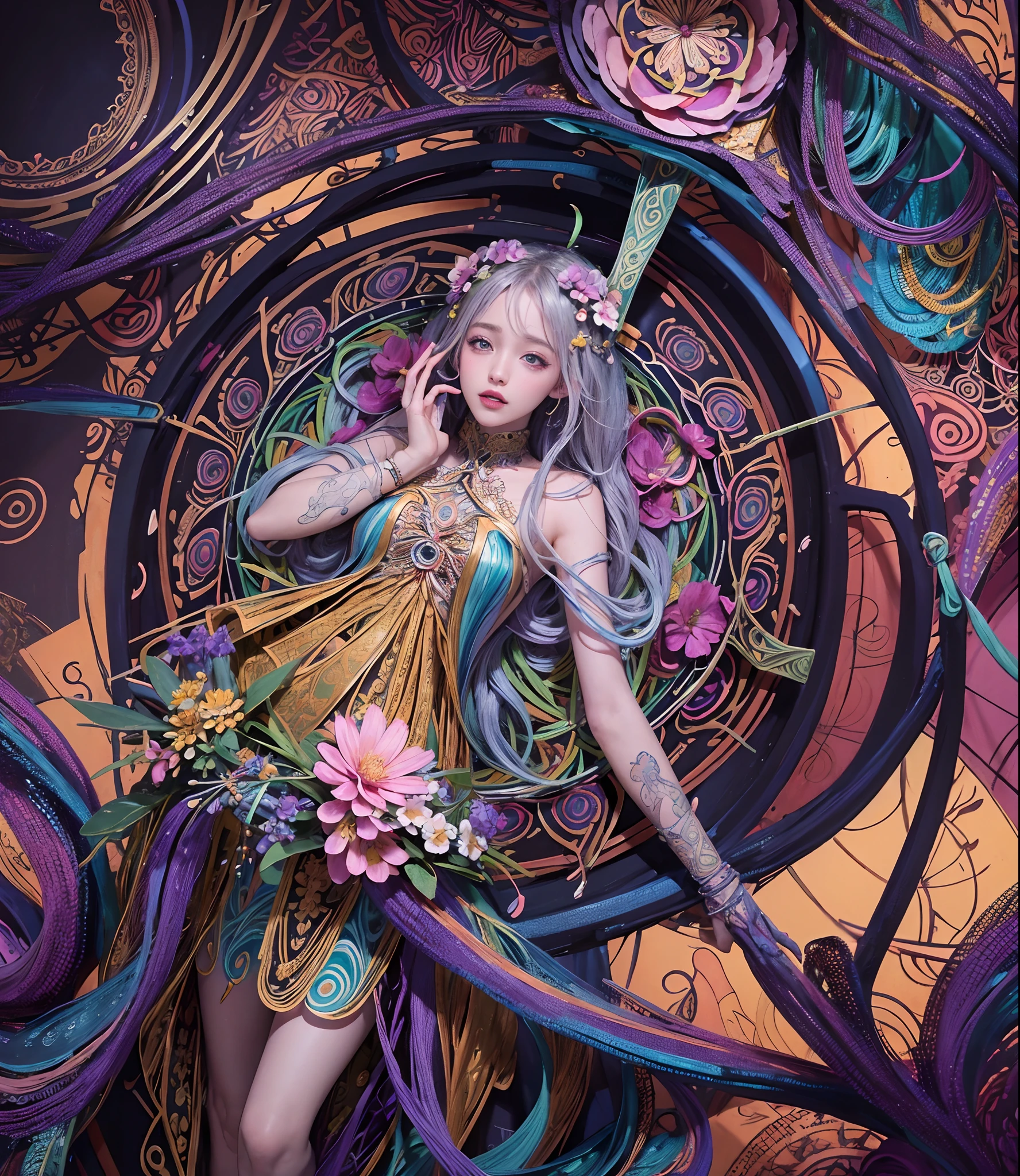 official art, unity 8k wallpaper, ultra detailed, beautiful and aesthetic, beautiful, masterpiece, best quality, (zentangle, mandala, tangle, entangle), (ecstasy of flower:1.2), dynamic angle, cowboyshot, the most beautiful form of chaos, elegant, a brutalist designed, vivid colours, romanticism, atmospheric