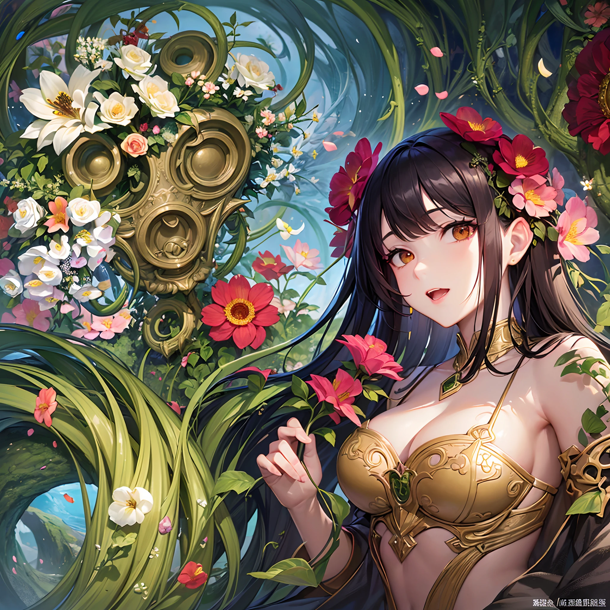 ((Finest quality)),(超A high resolution),(ultra-detailliert),(Meticulous portrayal),((best pictures)),(Finest works of art),Ultra-Precision Art,The art of astounding depiction,Fantasyart:1.5, ((Beautiful flowers々:1.5)),((Vine plants:1.5)), (Body being eroded by flowers:1.3),(Vine tentacles 1.9),Glamorous Body:1.3,Lifeless eyes