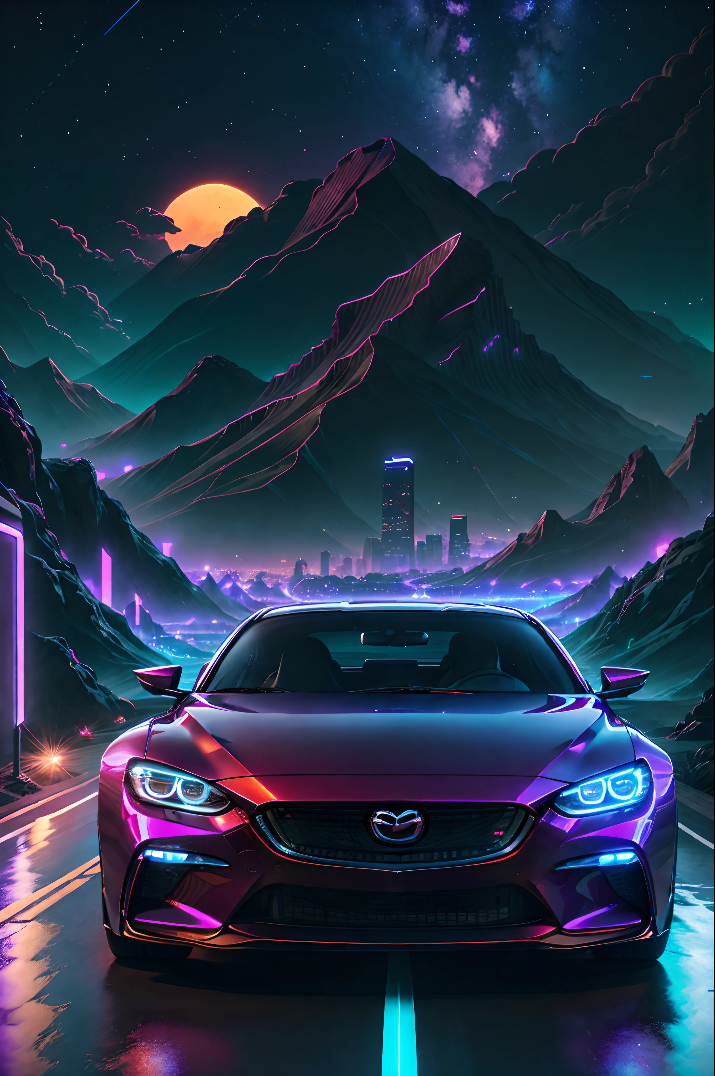 retrowave. city, 2018 Mazda M6,wide body kit, road,  purple neon lights, sun, mountain, 
(masterpiece,detailed,highres),