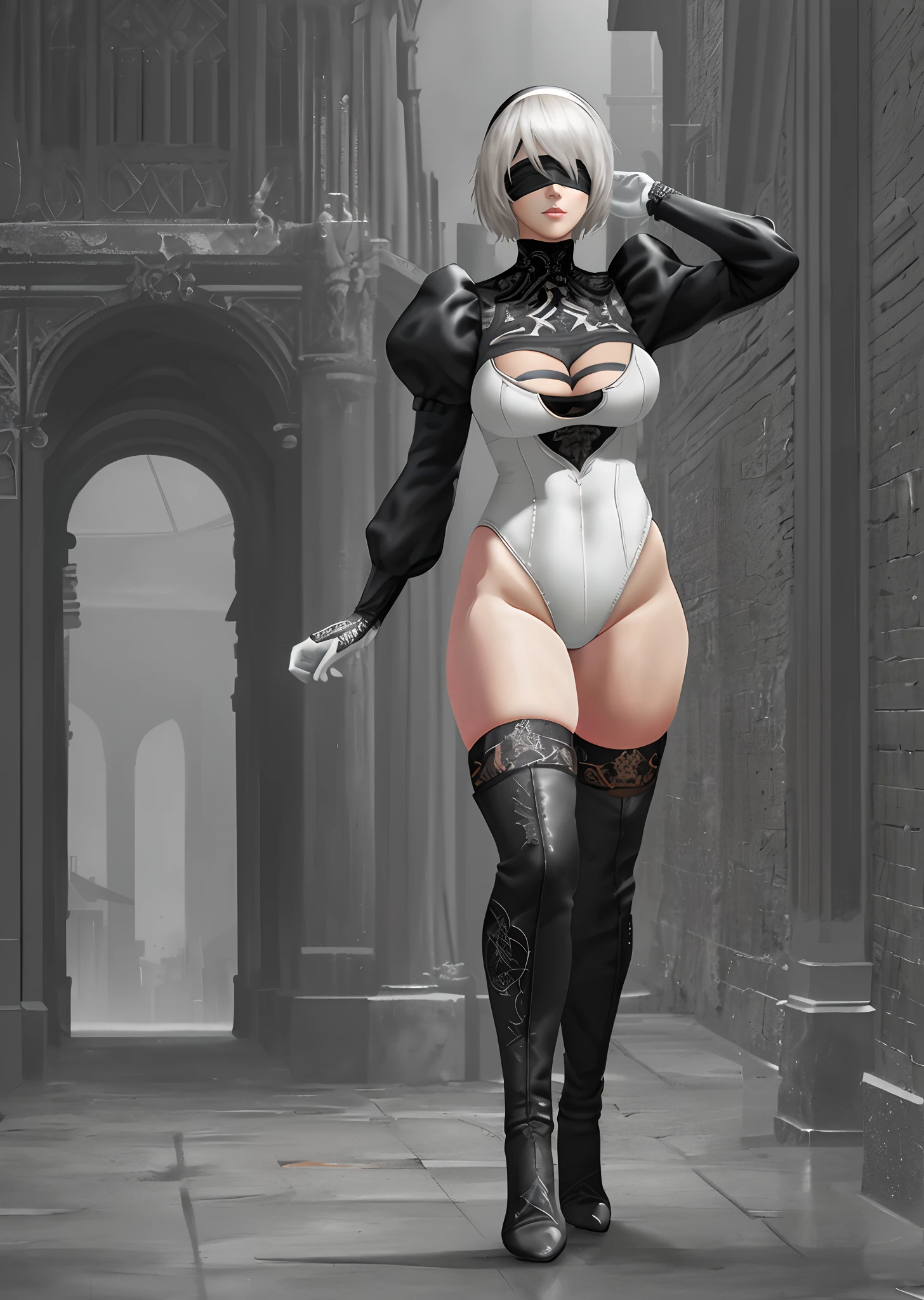 [n_2b], [nier automata], ((masterpiece)), ((HD)), ((high quality)), ((solo portrait)), ((full body)), ((semi-realistic)), ((detailed shading)), ((beautiful render art)), ((cinematic lighting)), ((intricate details)), {(beautiful woman), short white hair, small boobs, (beautiful legs), (beautiful lips), (gorgeous hips), (expressionless)}, {(black dress), (cleavage), (white leotard), (white panties), (black blindfold), (black headband), (black knee-high boots), (opaque black thigh-high socks), {(standing), (dynamic pose), (looking ahead)}, [Background; (apocalyptic city ruins), (grey sky), (sun rays)]