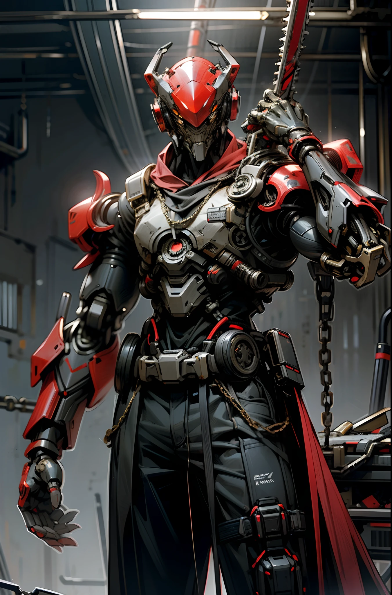 Dark_Fantasy,Cyberpunk,(chain saw,chain saw man,Red:1.1),1man,Mechanical marvel,Robotic presence,Cybernetic guardian,