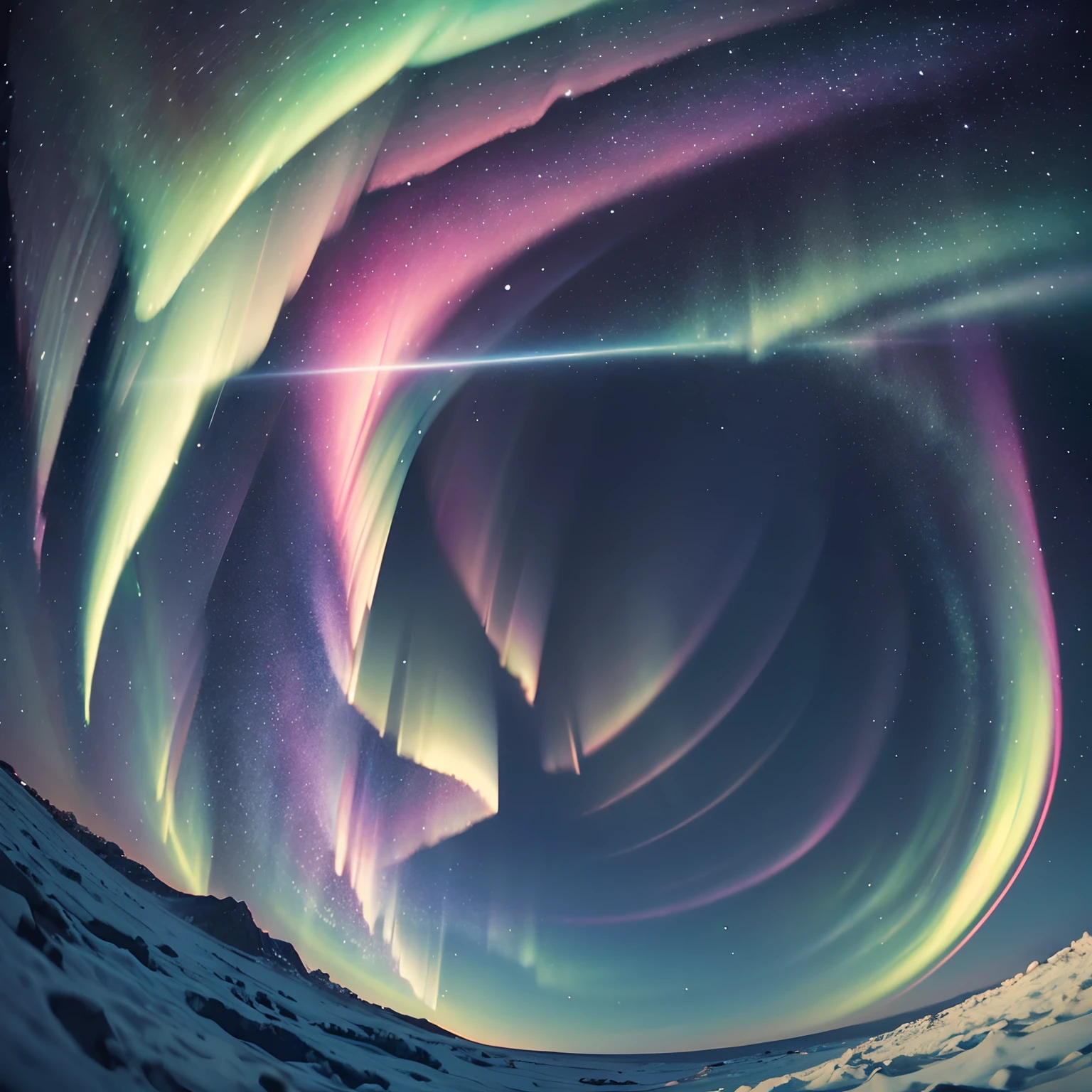 finest image, detailed and delicate depiction, Auroras from the ground, Auroras from the sea, Auroras from the sky, Auroras from the sky, iridescent, rainbow-colored, different space, fantasy