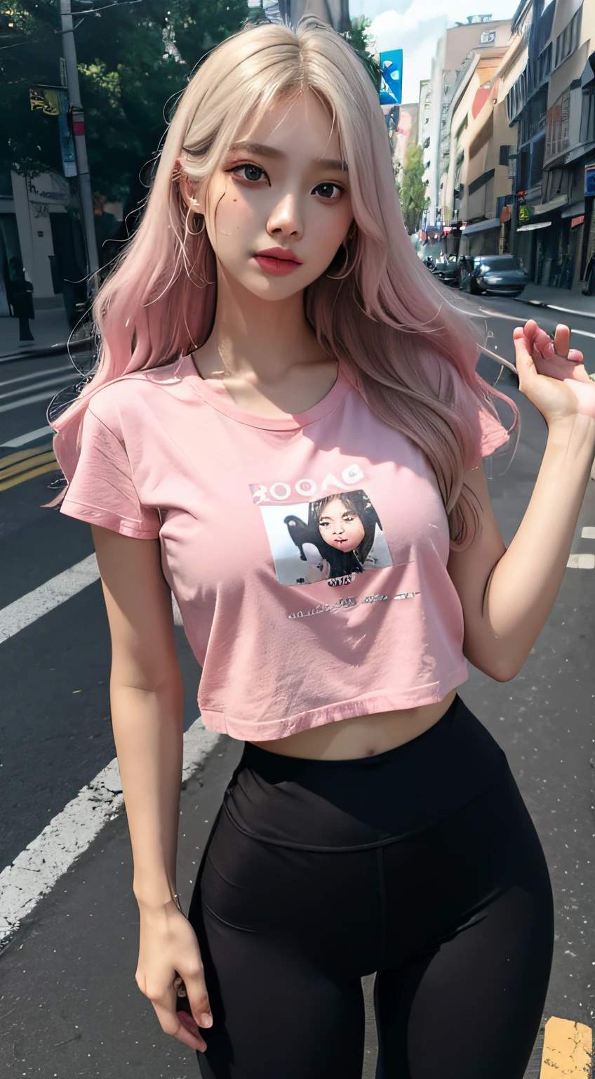 (Hyper-realistic), (illustratio), (A high resolution), (8K), (extremely higly detailed), (Most Best Illustration), (美丽细致的眼睛), (best qualtiy), (ultra - detailed), (tmasterpiece), ( the wallpaper), (详细的脸), 独奏,(full bodyesbian:2),(Long legs:2), 1 rapariga, White wavy hair, korean people, heterochromatic eyes, small mole under eyes, Wear a pink T-shirt, Wear black yoga pants underneath, Long legs, Tightens abs,No chest leakage,Background on the street,are standing