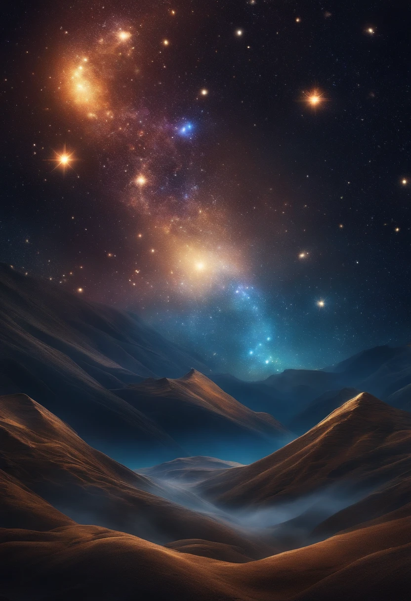 一Depict a captivating starry sky on the banner, representing infinite wisdom and possibilities,Very bright colors, Light particles, with light glowing, Mshiv, wallpaper art, UHD wallpaper,--ar 16:5