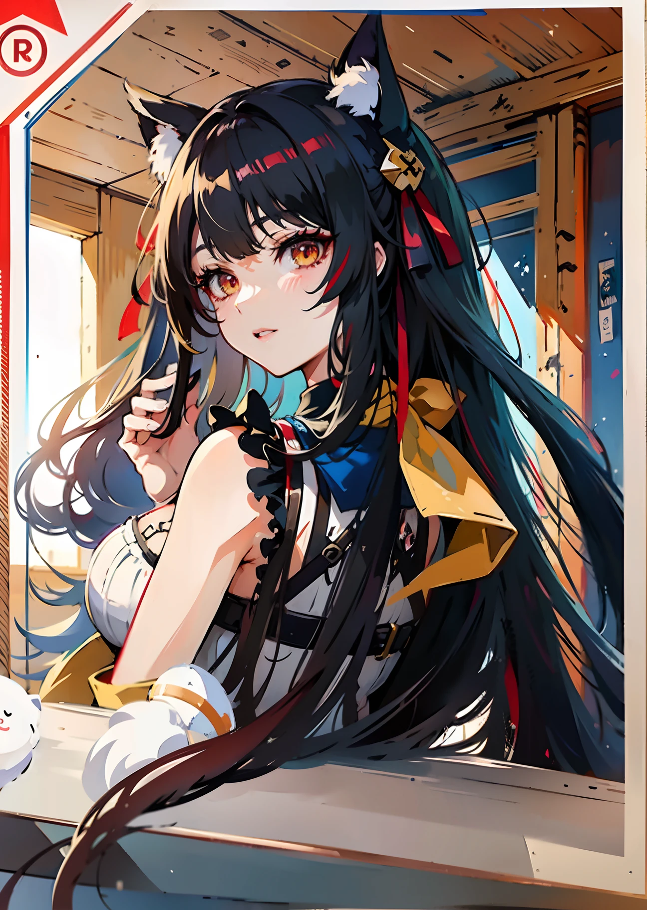 anime character with long black hair and cat ears and red ayes with a white cat sleeping below the arm, inside an tavern, from arknights, from girls frontline, ayaka genshin impact, from the azur lane videogame, azur lane style, fine details. girls frontline, anime moe artstyle, anime girl with cat ears, characters from azur lane, trending on artstation pixiv, girls frontline style, beautiful anime catgirl, red ayes, tavern background, tiny cat sleeping
