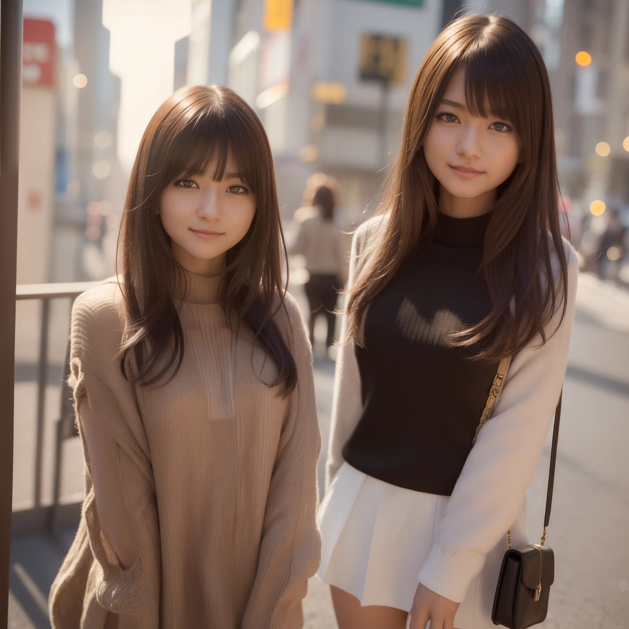 top-quality、​masterpiece、1 girl in、Blonde hairer、Black eye、a miniskirt、on tokyo street、A city scape、The upper part of the body、a closeup、A smile、、(8K、Raw photography、top-quality、​masterpiece:1.2)、(realisitic、photoRealstic:1.37)、Highly detailed eyelash drawing、(((Top image quality))),small tit、Fine skin, (Beautiful hair), top-quality、hight resolution、Happy smile、Happy smile、Standing、a miniskirt、Autumn outfit、nightcity、Autumn outfit、Best Quality,masutepiece,hight resolution,Beautiful eyes,Detailed background,[Backlighting],(Face lighting),[Close View:0.8],(8K、Raw photography、top-quality、​masterpiece:1.2)、(realisitic、Photorealsitic:1.37)、ultra-detailliert、profetional lighting、Sony A7R4、Zessie 50mm f1.8、Rembrandt lighting（Rembrandt lighting）、Autumn outfit、Colorful jumper、with spreading legs