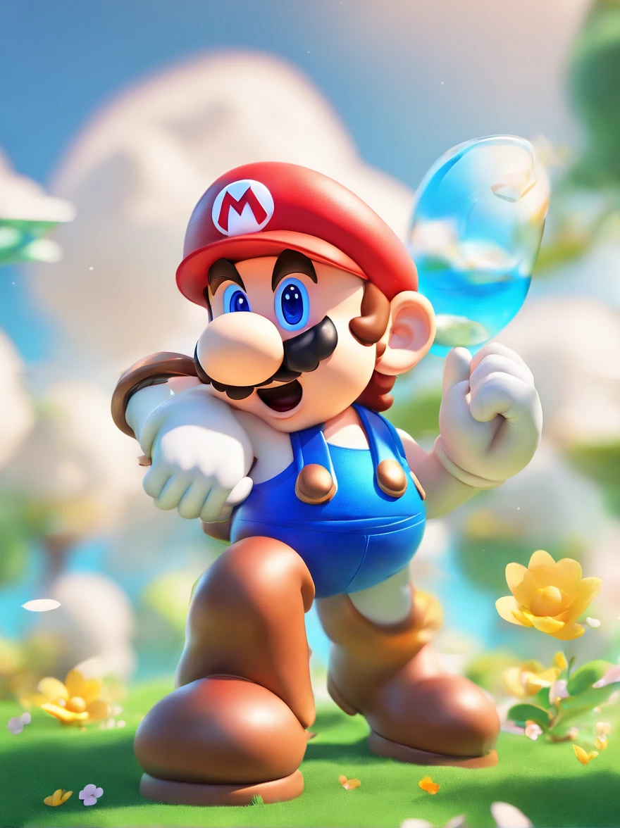 (Mario), character design, Nintendo Super Mario, (blue eyes, wearing highly detailedsamuraibattlearmor)super cute blind box style, chibi, full body, exaggerated expressions and actions, clean background, cherry blossoms blowing in the wind, bright iridescent highlights, studio lighting, atmospheric lighting, with exquisite texture, high detail, high resolution, c4d, 3D, Blender, 8k, best quality, ultra high definition