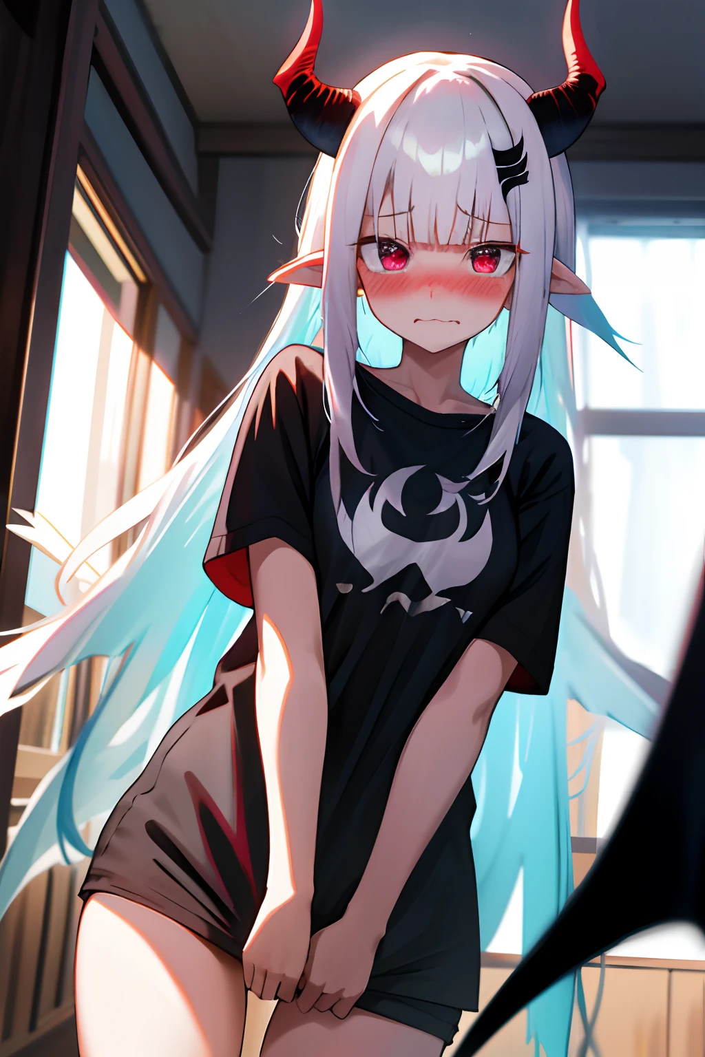 One girl with long hair, white hair, looking at viewer, embarrassed, blushing, indoor , oversized naked black t shirt, t shirt only, thigh, pointy ears, demon wings, demon king, demon horn