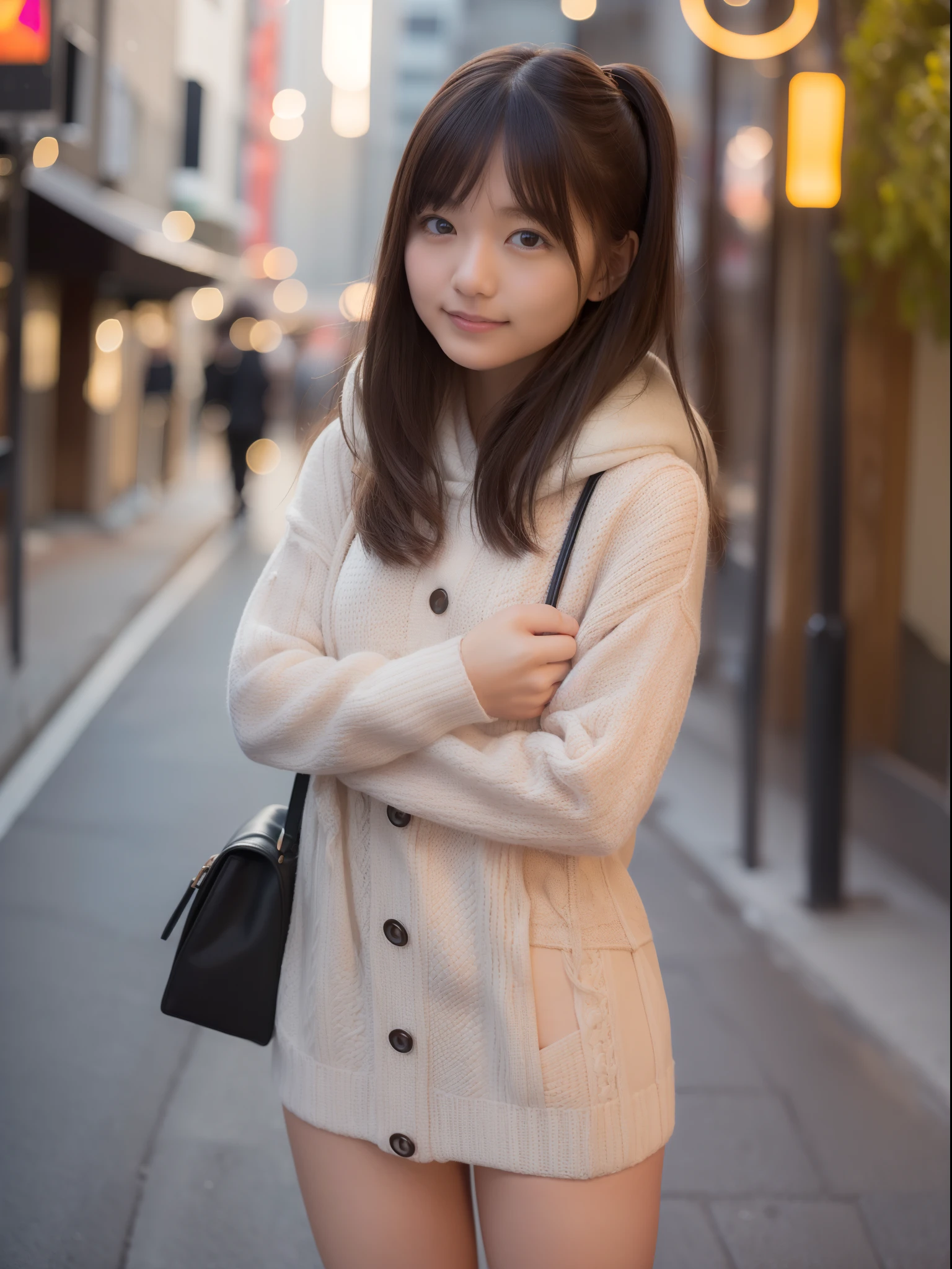 top-quality、​masterpiece、1 girl in、Blonde hairer、Black eye、a miniskirt、on tokyo street、A city scape、The upper part of the body、a closeup、A smile、、(8K、Raw photography、top-quality、​masterpiece:1.2)、(realisitic、photoRealstic:1.37)、Highly detailed eyelash drawing、(((Top image quality))),small tit、Fine skin, (Beautiful hair), top-quality、hight resolution、Happy smile、Happy smile、Standing、a miniskirt、Autumn outfit、nightcity、Autumn outfit、Best Quality,masutepiece,hight resolution,Beautiful eyes,Detailed background,[Backlighting],(Face lighting),[Close View:0.8],(8K、Raw photography、top-quality、​masterpiece:1.2)、(realisitic、Photorealsitic:1.37)、ultra-detailliert、profetional lighting、Sony A7R4、Zessie 50mm f1.8、Rembrandt lighting（Rembrandt lighting）、Autumn outfit、Colorful jumper、with spreading legs、pony tail hairstyle、Winter clothes、snowflakes falling、Please wear a hooded coat、Orange sunset、burst into laughter、Office Lady Uniform