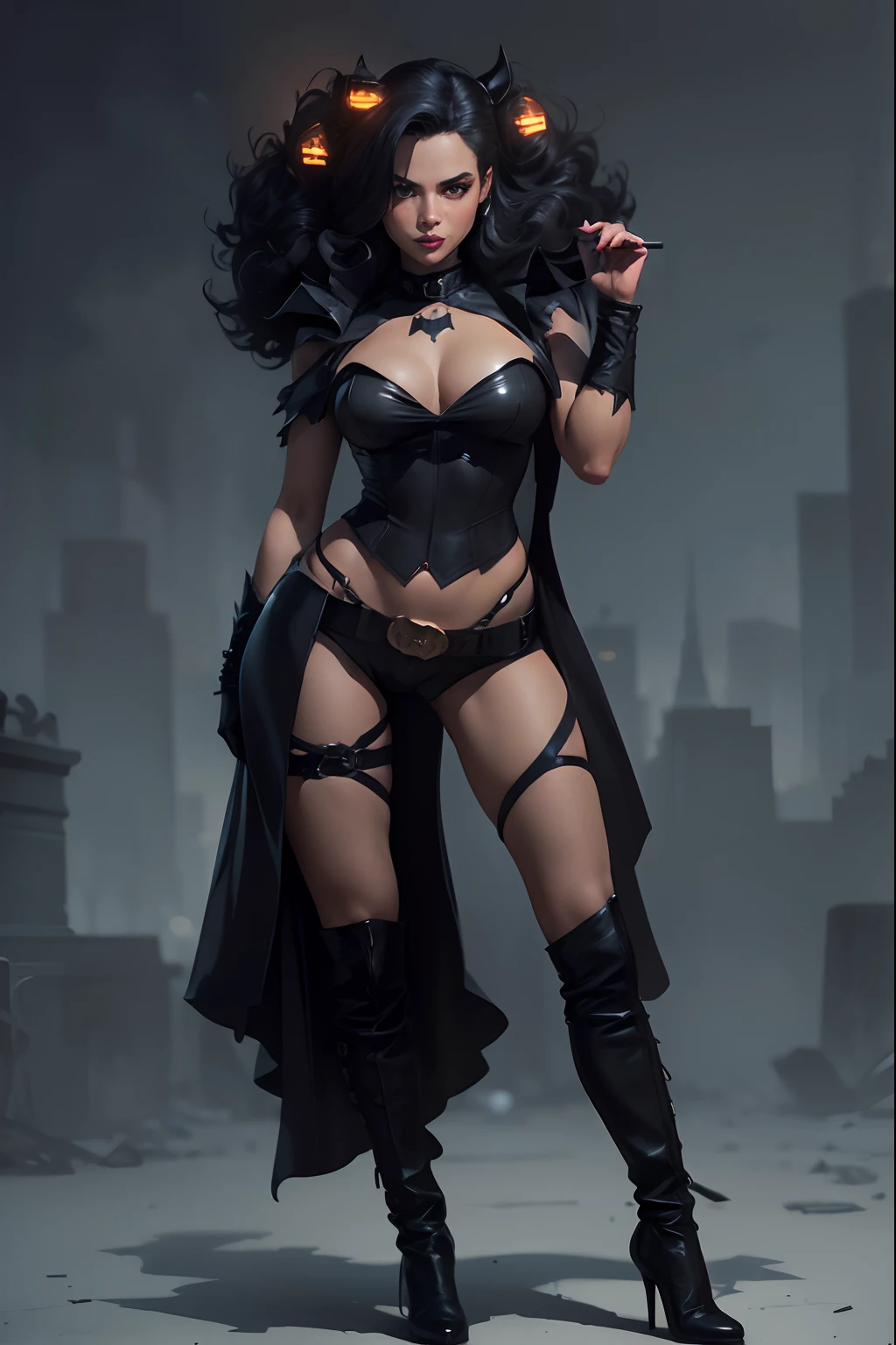 “Explore the dark and gritty streets of Gotham City as Batwoman, the caped crusader, in a stunning noir-style rendering that captures the brooding atmosphere of the city.”to futuristic.”" In a Halloween costume": Hand drawn in the style of sketchbook: Full body of a beautiful Latin prostituée woman, with a sly smile, with cornrow hair, in attractive epic S&M costume, in provocative and scandalous pose. Extreme high healed and long boots, miniature leather garment, heavy belt, collar, half mask. Establishing POV shot. Splash art. Cartoon style caricature. Halloween scene, Halloween atmosphere.