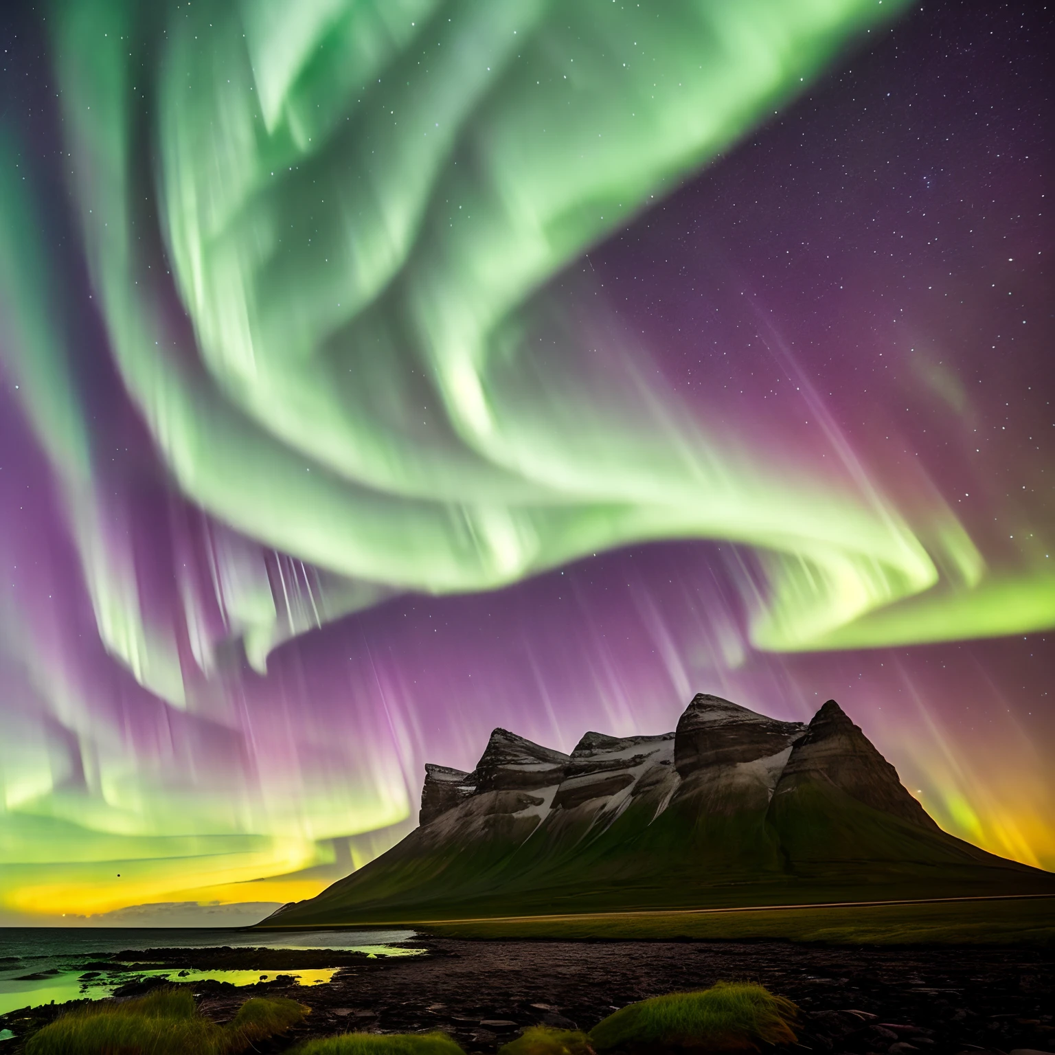 finest image, detailed and delicate depiction, Auroras from the ground, Auroras from the sea, Auroras from the sky, Auroras from the sky, iridescent, rainbow-colored, different space, fantasy