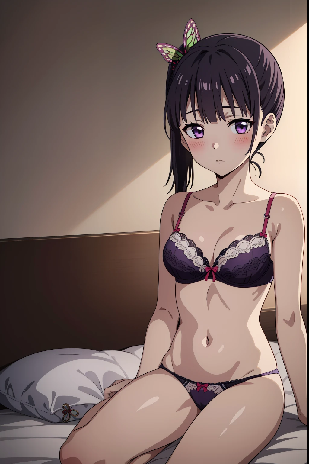 1girl, kanaotsuyuri, kanao tsuyuri, black hair, butterfly hair ornament, (purple eyes:1.1), side ponytail, ponytail, looking at viewer, (masterpiece:1.2), best quality, bedroom, underwear only, bra, closeup, blush,