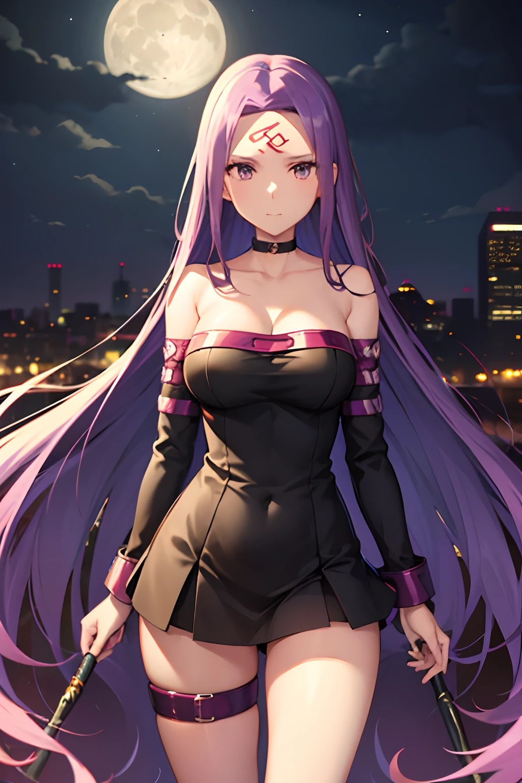 Best Quality, (masutepiece:1.2), Highly detailed,Fate/Stay in the background, Night, Cityscape, city, Moon, Blue theme,Medusa_nffsw,1girl in, Solo, Standing, Looking at the viewer, Closed mouth,absurdly long hair, Purple hair, Floating hair,Dress, Short dress, thighs thighs thighs thighs, Strapless, Detached sleeves, forehead mark, Choker, cleavage、Naughty big、large full breasts、