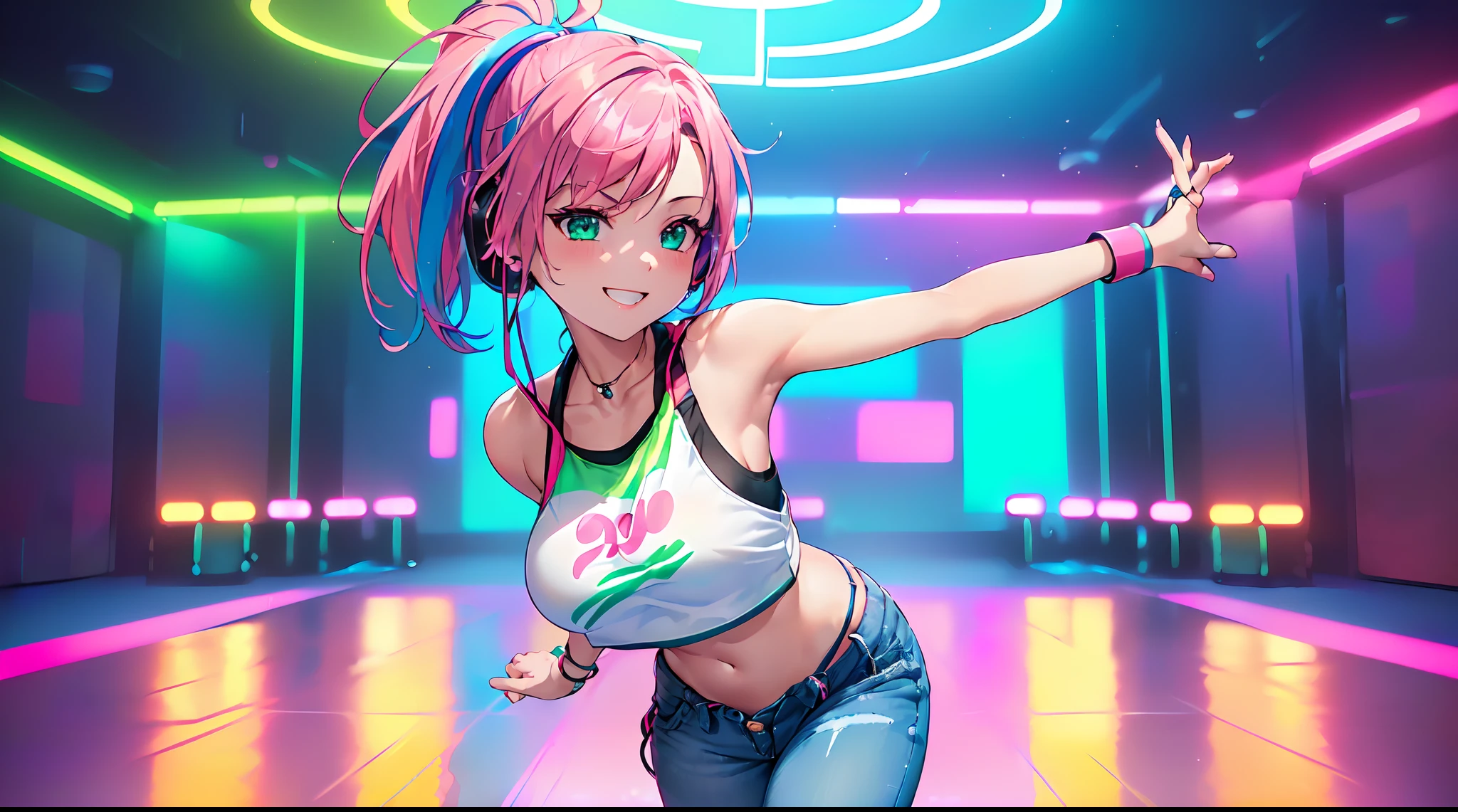 ​masterpiece, 1girl ((20year old, crop top exposes navel, tight blue jeans, sneakers, medium breasts, multicolor pink hair, twin ponytails, green eyes, flirting, happy, big smile, looking toward camera, headphones, dancing in a dance club, neon lighting and colorful, modern dance club, exciting atmosphere)) ((solo))