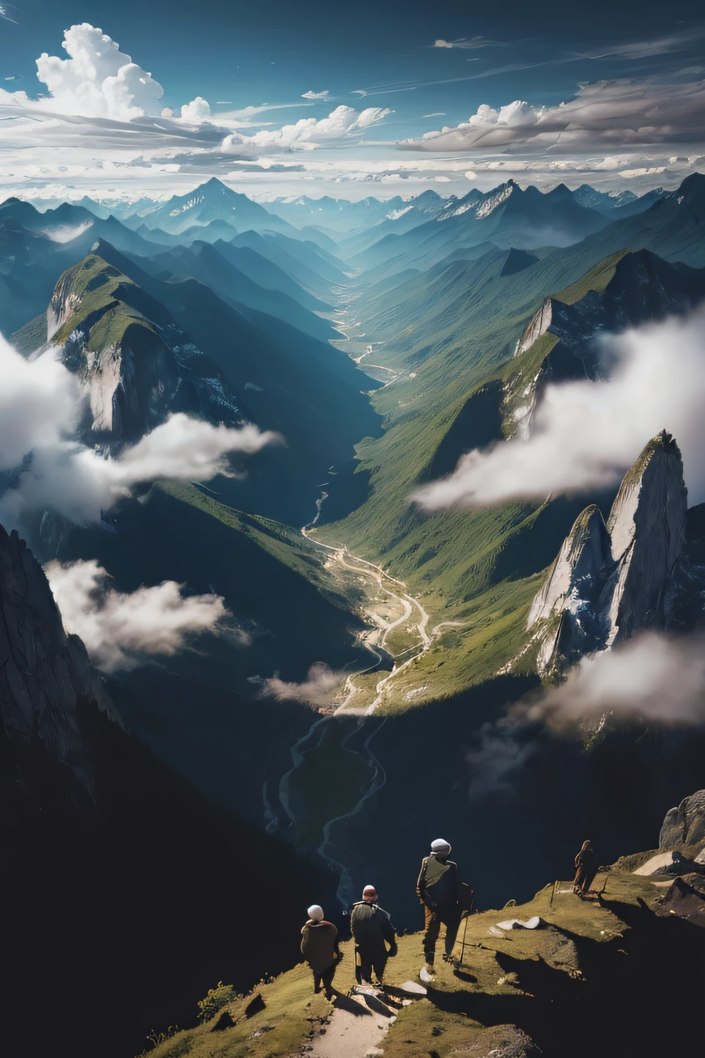 dreamlike art,hoang lap,A high resolution,tmasterpiece,best qualityer,warm sunlight,A old man,two guys,mountain ranges,Climbers,ln the forest,Mare,Skysky,clouds,mountain peaks,