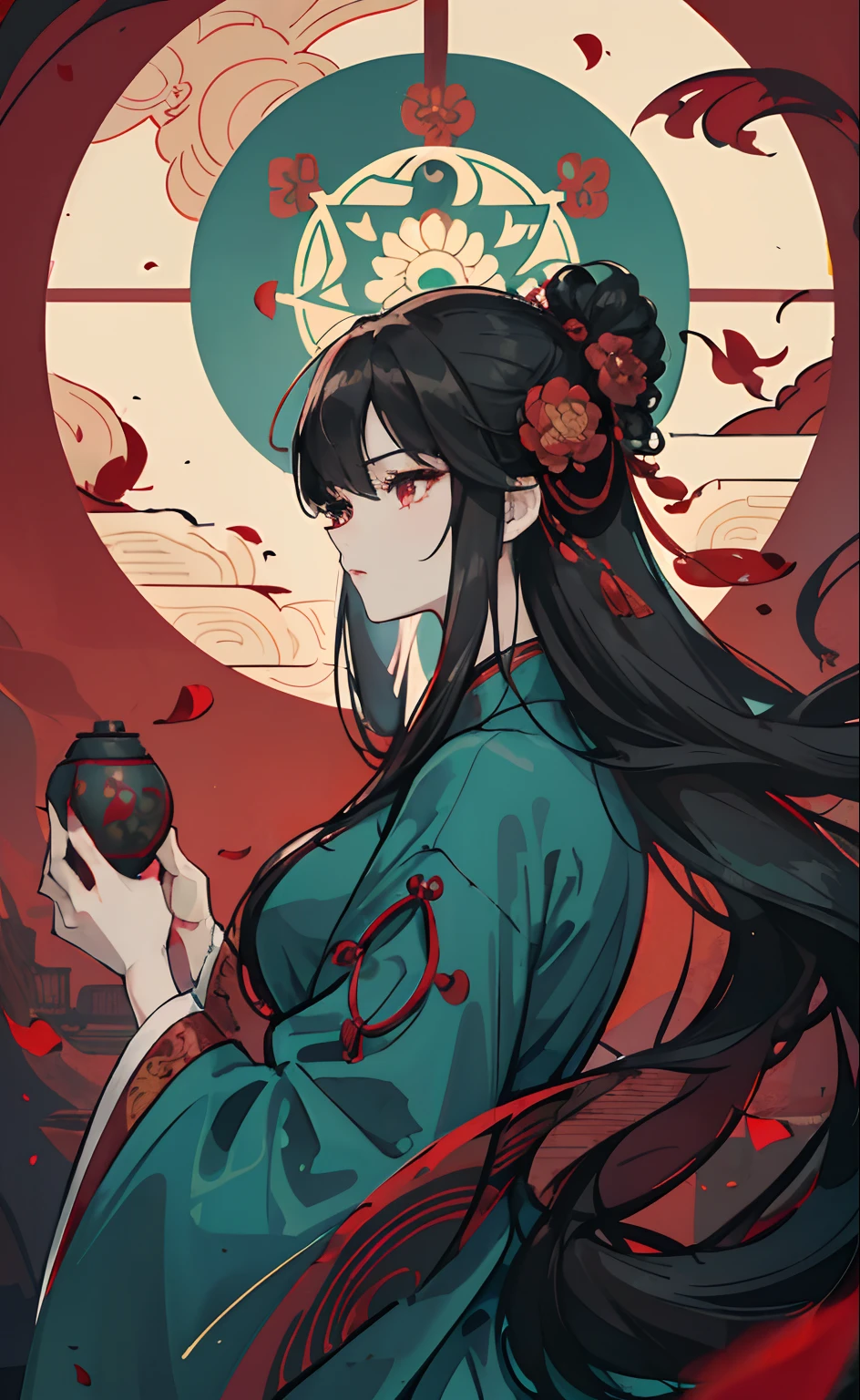 Mature girl, red-dark eyes, black hair color, floating hair, delicate and flexible eyes,perfect hands, intricate damask hanfu, side view, fov, f/1.8, masterpiece, ancient Chinese architecture, teal-dark, flower petals flying, front portrait shot, Chang'e, side lighting, sunlight on people, 8K