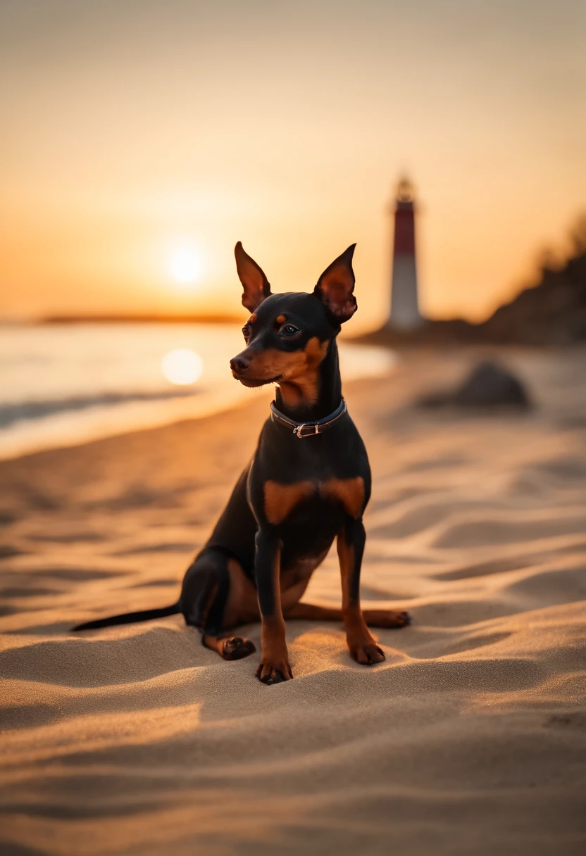 Miniature pinscher dog, black and brown, sitting on a beach, watch the sunset, near a lighthouse, stones, sand, beach, sea, seabreeze, skinny