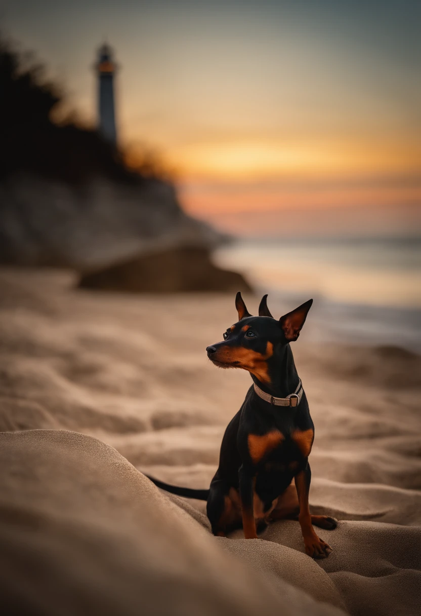 Miniature pinscher dog, black and brown, sitting on a beach, watch the sunset, near a lighthouse, stones, sand, beach, sea, seabreeze, skinny