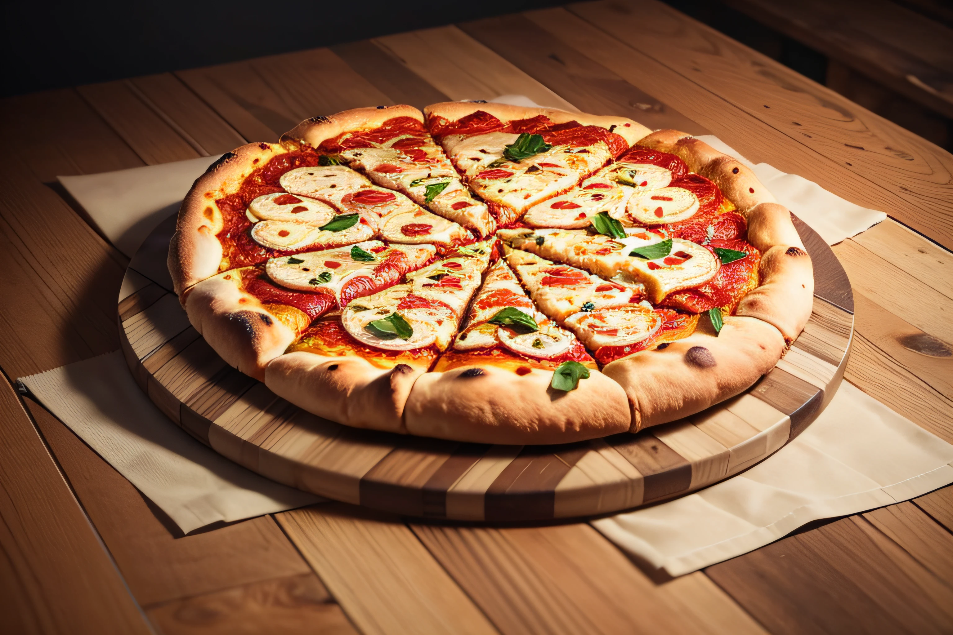 (food photography), photograph of a pizza just baked, served on a rustic wooden table, realistic, very detailed, 8k, HD, good quality, detailed,