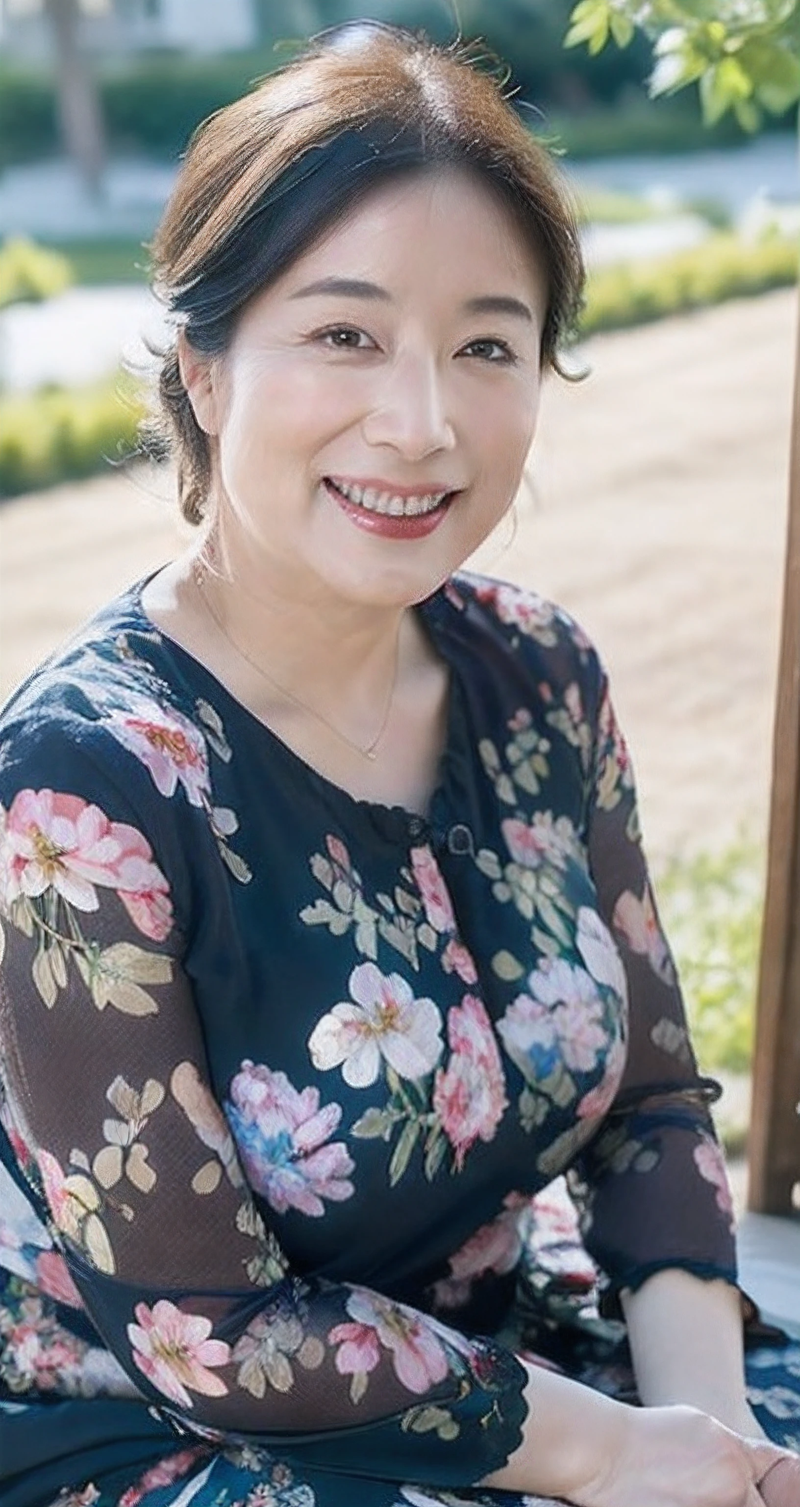 (8K, Best quality, Masterpiece:1.2), (Realistic, photo-realistic:1.37), (8K、RAW photography、Photorealsitic:1.3)、47-year-old mature woman sitting in the garden，The face is delicate，Elegant feminine，Happy and charming，The fabric of the shirt outlines the huge chest contour of her M cups，The clothes conform to her curves，