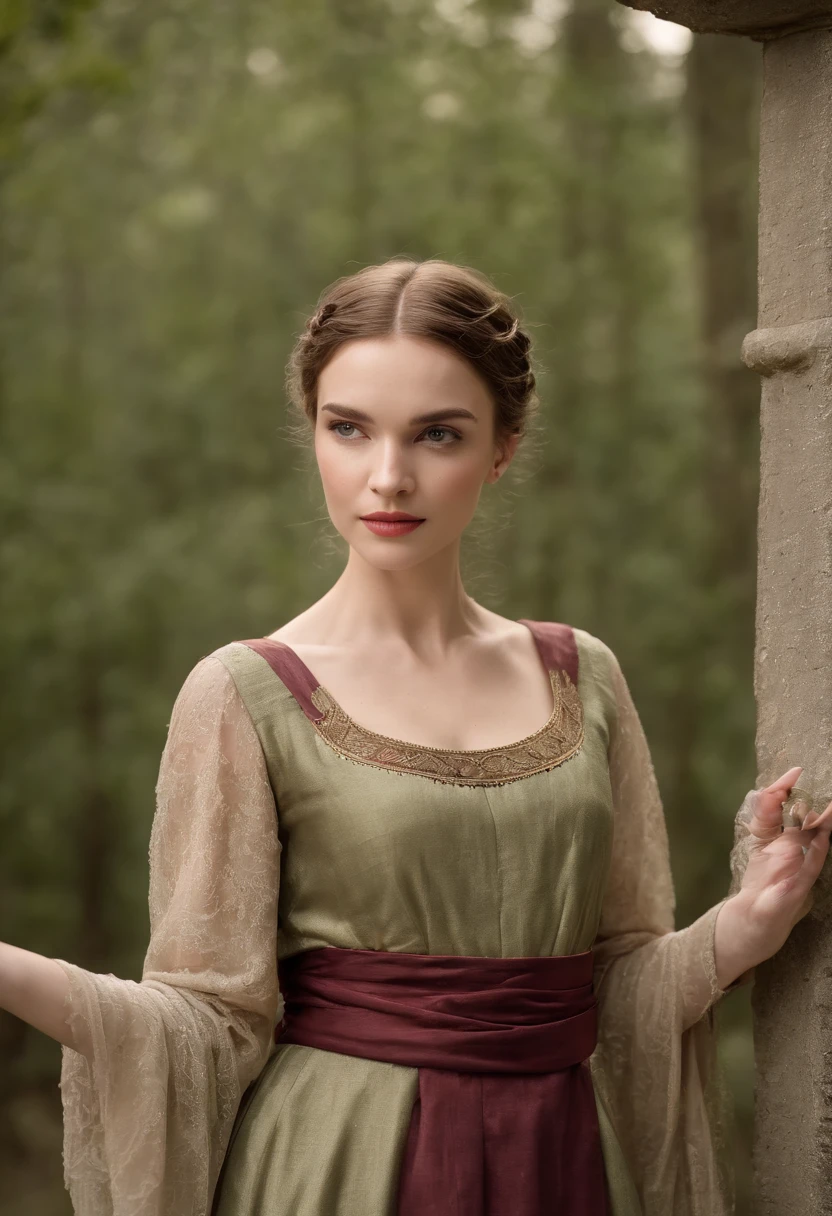 (((uma ferida avermelhada profunda atravessa sua bochecha esquerda))) tez justa, mulher em torno de 19 anos, cabelos brancos naturais, olhos verdes distintos, vestindo kohl, slender and graceful, Beautiful, luz de velas em um ambiente medieval, Ultra sharp focus, tiro realista, roupas femininas medievais, cores tetradicas (cicatriz:1.4)
