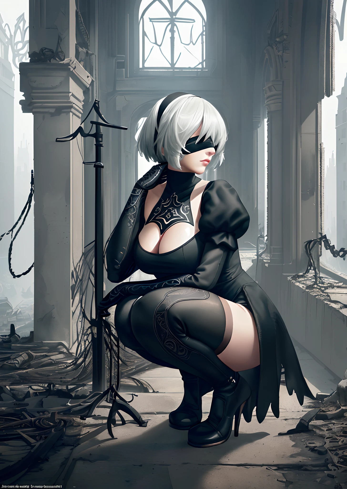 [n_2b], [nier automata], ((masterpiece)), ((HD)), ((high quality)), ((solo portrait)), ((full body)), ((side view)), ((semi-realistic)), ((detailed shading)), ((beautiful render art)), ((cinematic lighting)), ((intricate details)), {(beautiful woman), short white hair, small boobs, (beautiful legs), (beautiful lips), (gorgeous hips), (expressionless)}, {(black dress), (cleavage), (white leotard), (white panties), (black blindfold), (black headband), (black knee-high boots), (opaque black thigh-high socks), {(squatting), (hand on head), (looking ahead)}, [Background; (apocalyptic city ruins), (grey sky), (sun rays)]