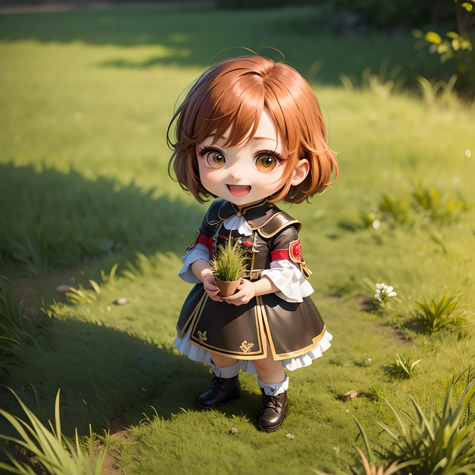 ​masterpiece、top-quality、ultra-detailliert、(Chibi Chara:1.2)、The national costume of Germany is Dirndol、reddish、Brownish、green grass、Open your mouth and smile、Standing