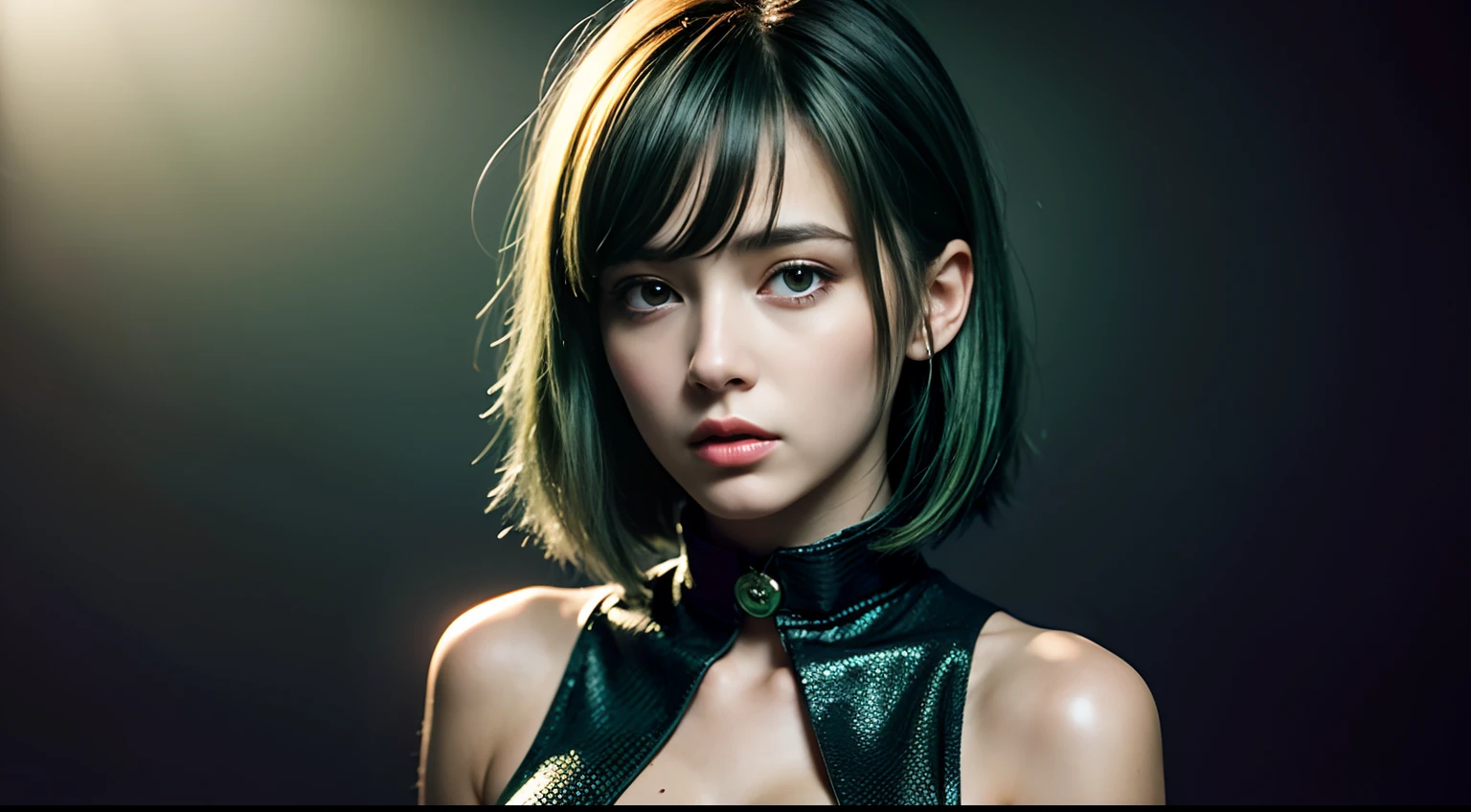 young woman, curvy figure, ((dark green hair)), short hair, bangs, ((light green eyes)), ((dark green form-fitting V-neck dress with a high collar)), white skin, 23 year old, half body portrait, beauty, 1 girl, slender, extremely beautiful face, exquisite face, seductive look