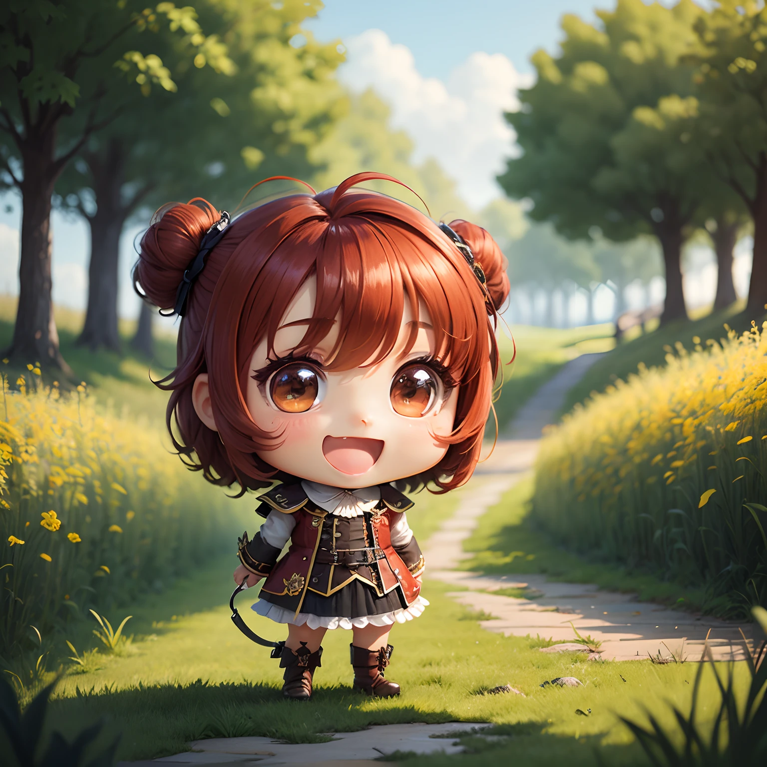masterpiece、top-quality、ultra-detailliert、(Chibi Chara:1.2)、The national costume of Germany is Dirndol、reddish、Brownish、green grass、Open your mouth and smile、Standing