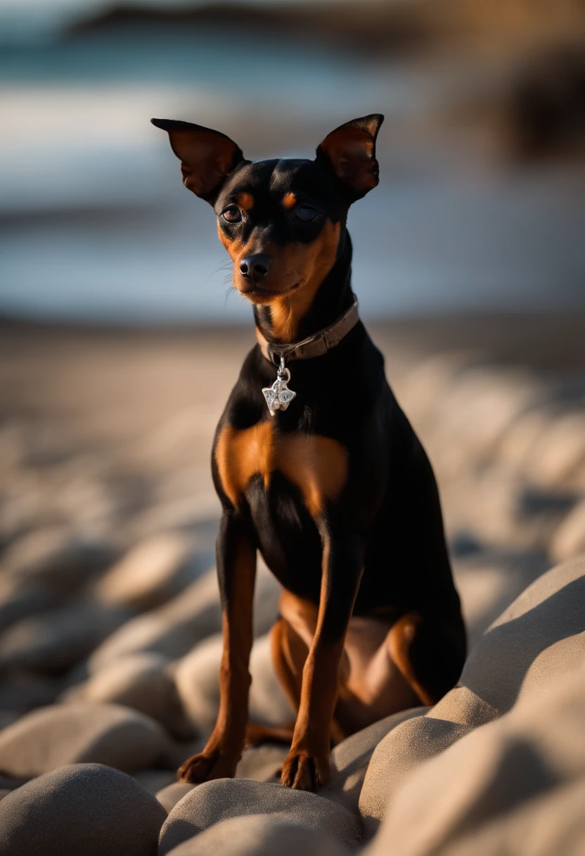 Miniature pinscher dog, black and brown, sitting on a beach, watch the sunset, near a lighthouse, stones, sand, beach, sea, seabreeze, skinny, looking at the sun, facing the sun, skinny