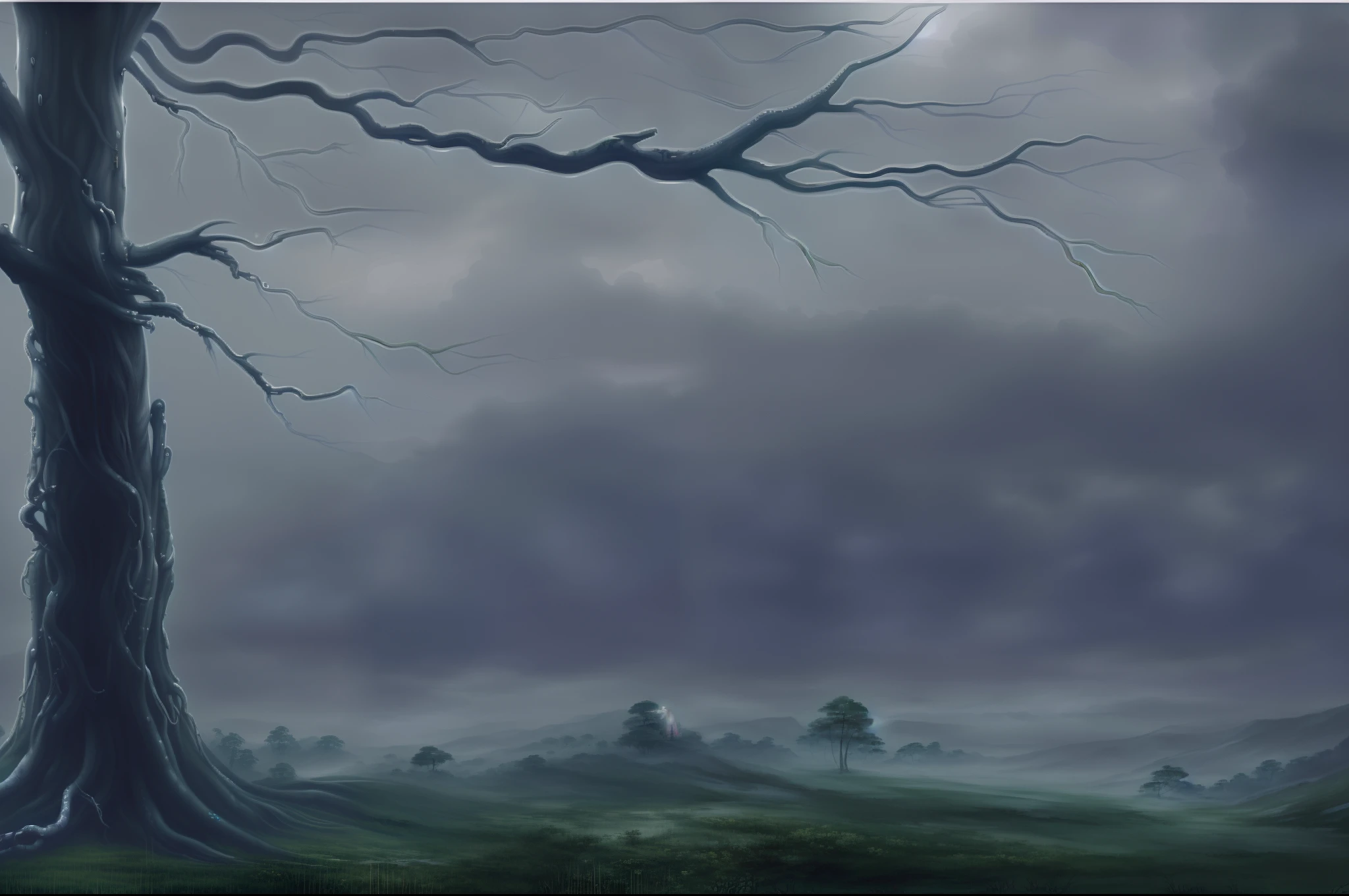 A girl with separated limbs lies on a hillside full of carrion，Gnawing carrion，Adopt a realistic style,With a gloomy scent,The girl's body is elongated,The sky is drizzling,It has super high level of detail,The colors are gray,The internal view is illuminated by broken limbs and ink
