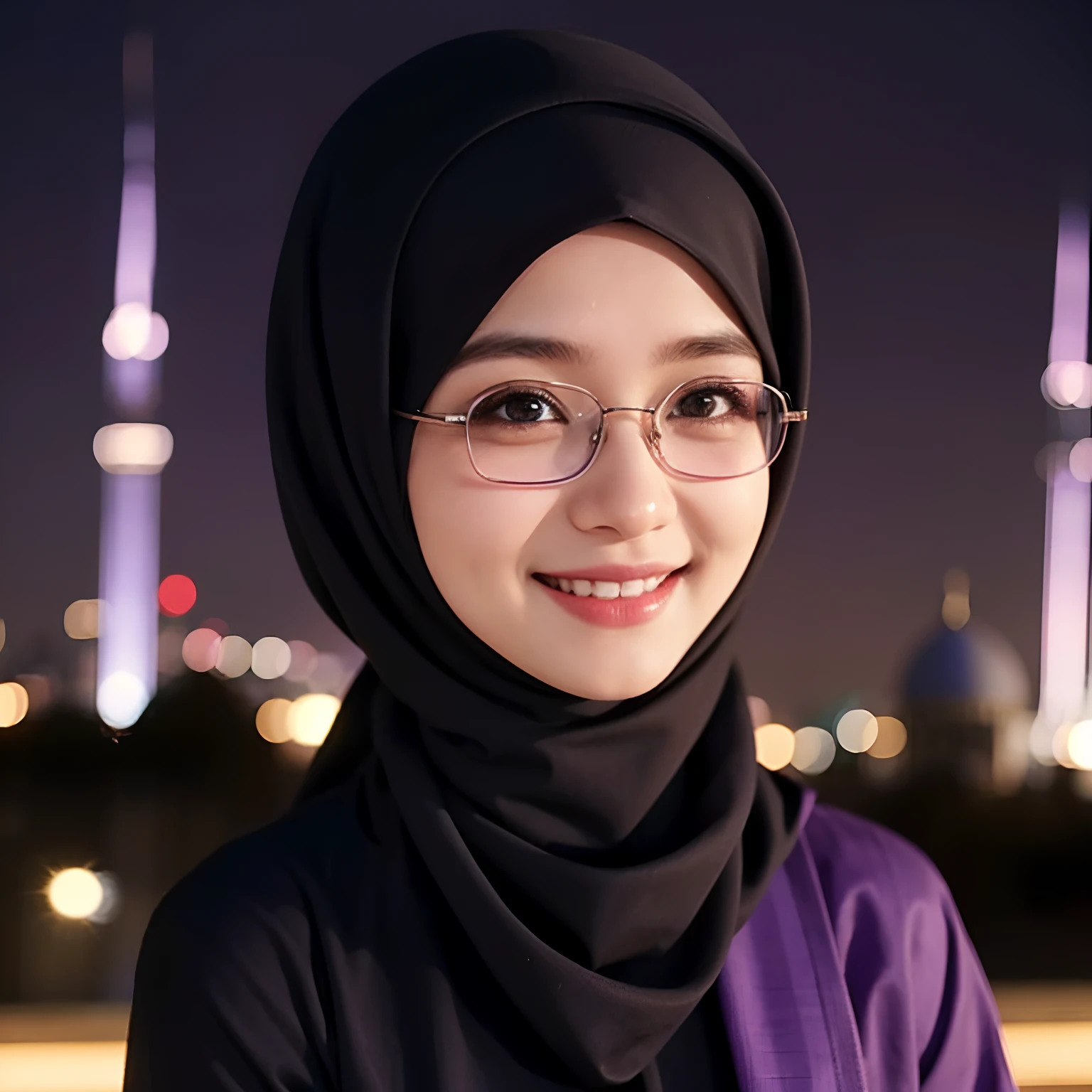 Maid,,use hijab,use glasses,Wearing Muslim clothes , purple eyes, smiling,Mosque background