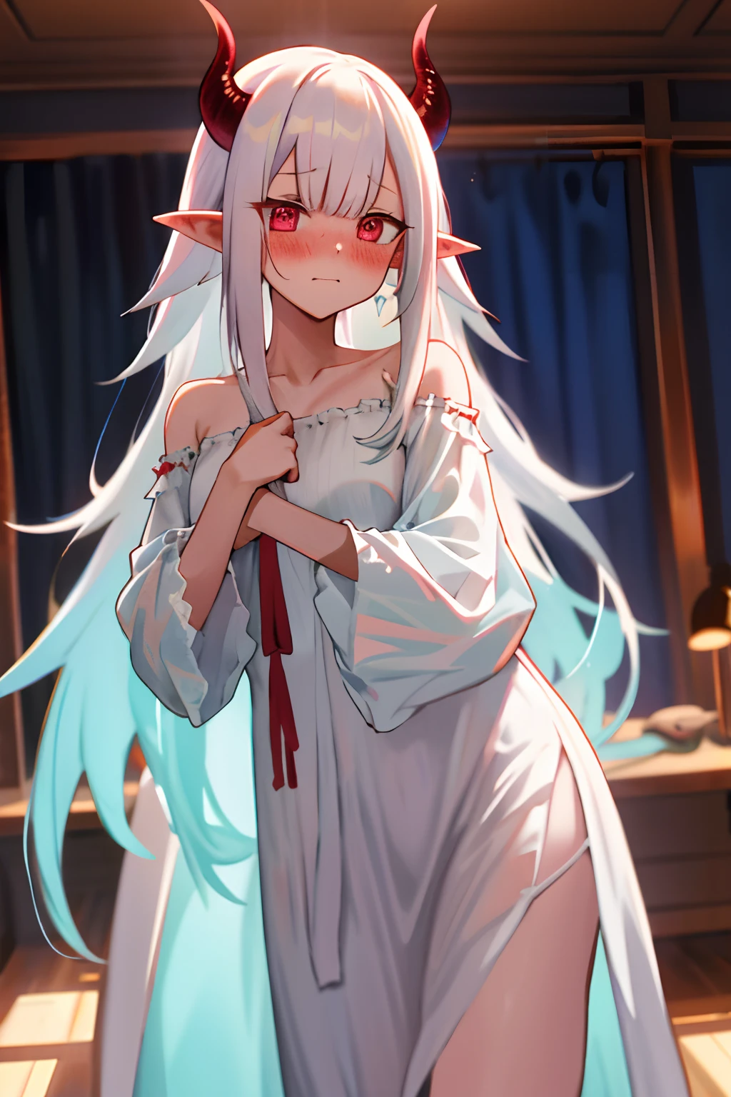 One girl with long hair, white hair, looking at viewer, embarrassed, blushing, indoor , oversized naked night gown, thigh, pointy ears, demon wings, demon king, demon horn, standing