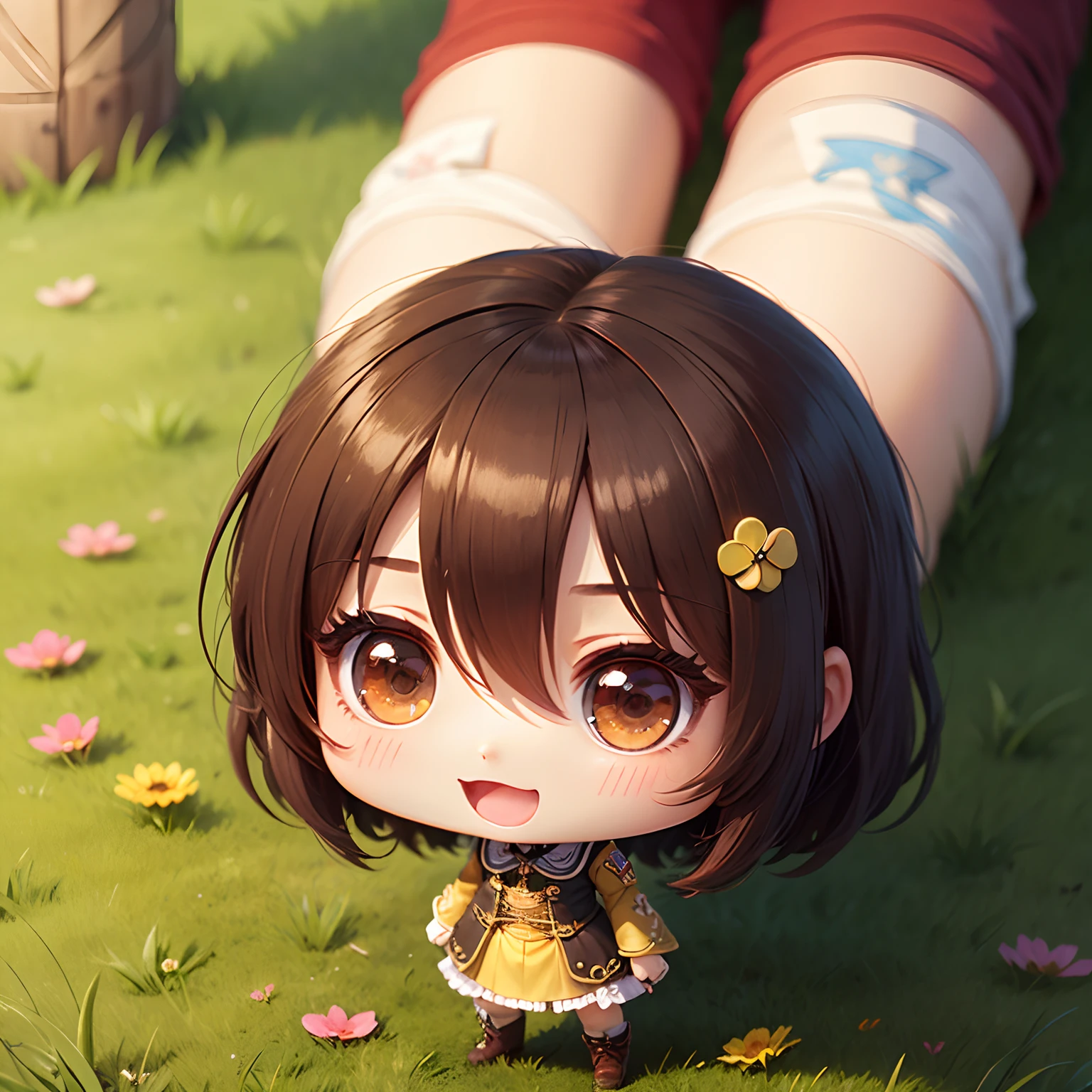 masterpiece、top-quality、ultra-detailliert、(Chibi Chara:1.2)、The national costume of Germany is Dirndol、reddish、Brownish、Green grass、Open your mouth and smile、Standing
