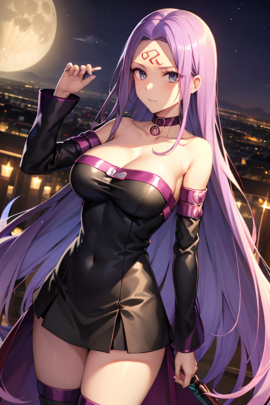 Best Quality, (masutepiece:1.2), Highly detailed,Fate/Stay in the background, Night, Cityscape, city, Moon, Blue theme,Medusa_nffsw,1girl in, Solo, Standing, Looking at the viewer, Closed mouth,absurdly long hair, Purple hair, Floating hair,Dress, Short dress, thighs thighs thighs thighs, Strapless, Detached sleeves, forehead mark, Choker, cleavage、Naughty big、large full breasts、