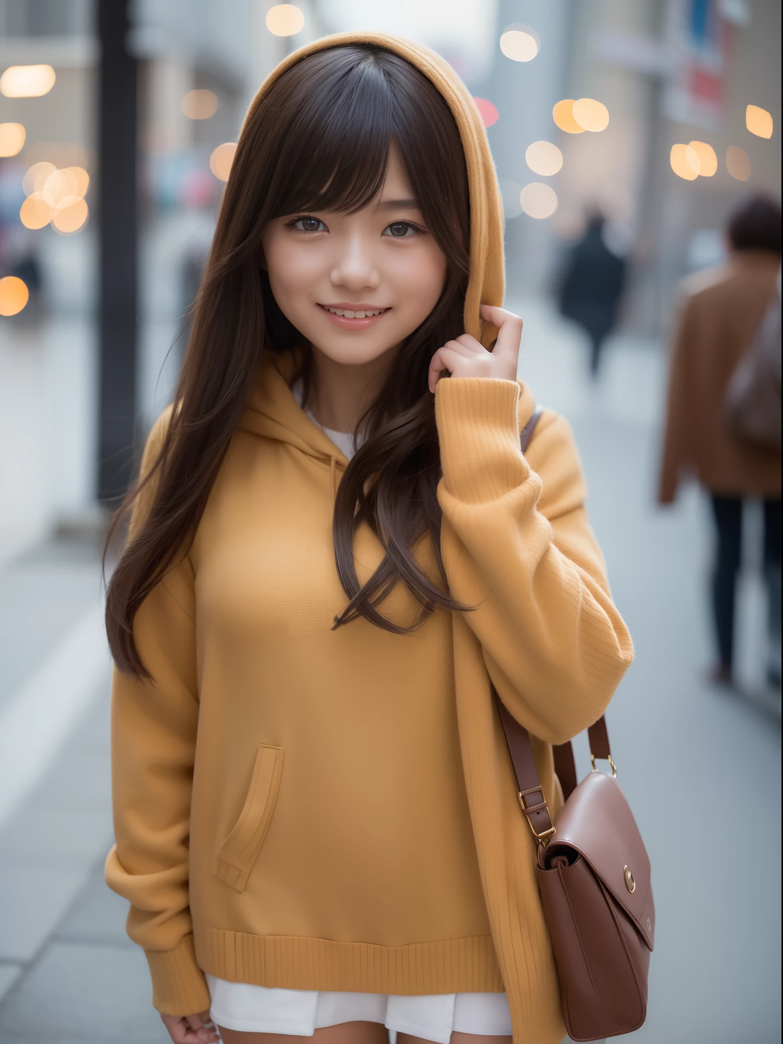top-quality、​masterpiece、1 girl in、Blonde hairer、Black eye、a miniskirt、on tokyo street、A city scape、The upper part of the body、a closeup、A smile、、(8K、Raw photography、top-quality、​masterpiece:1.2)、(realisitic、photoRealstic:1.37)、Highly detailed eyelash drawing、(((Top image quality))),small tit、Fine skin, (Beautiful hair), top-quality、hight resolution、Happy smile、Happy smile、Standing、a miniskirt、Autumn outfit、nightcity、Autumn outfit、Best Quality,masutepiece,hight resolution,Beautiful eyes,Detailed background,[Backlighting],(Face lighting),[Close View:0.8],(8K、Raw photography、top-quality、​masterpiece:1.2)、(realisitic、Photorealsitic:1.37)、ultra-detailliert、profetional lighting、Sony A7R4、Zessie 50mm f1.8、Rembrandt lighting（Rembrandt lighting）、Autumn outfit、Colorful jumper、with spreading legs、pony tail hairstyle、Winter clothes、snowflakes falling、Please wear a hooded coat、Orange sunset、burst into laughter、Office Lady Uniform