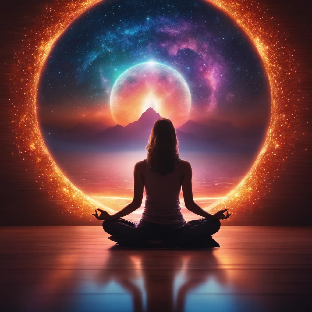 a pregirl,Meditate cross-legged, at centre,Very bright colors, Light particles, with light glowing, Mshiv, wallpaper art, UHD wallpaper