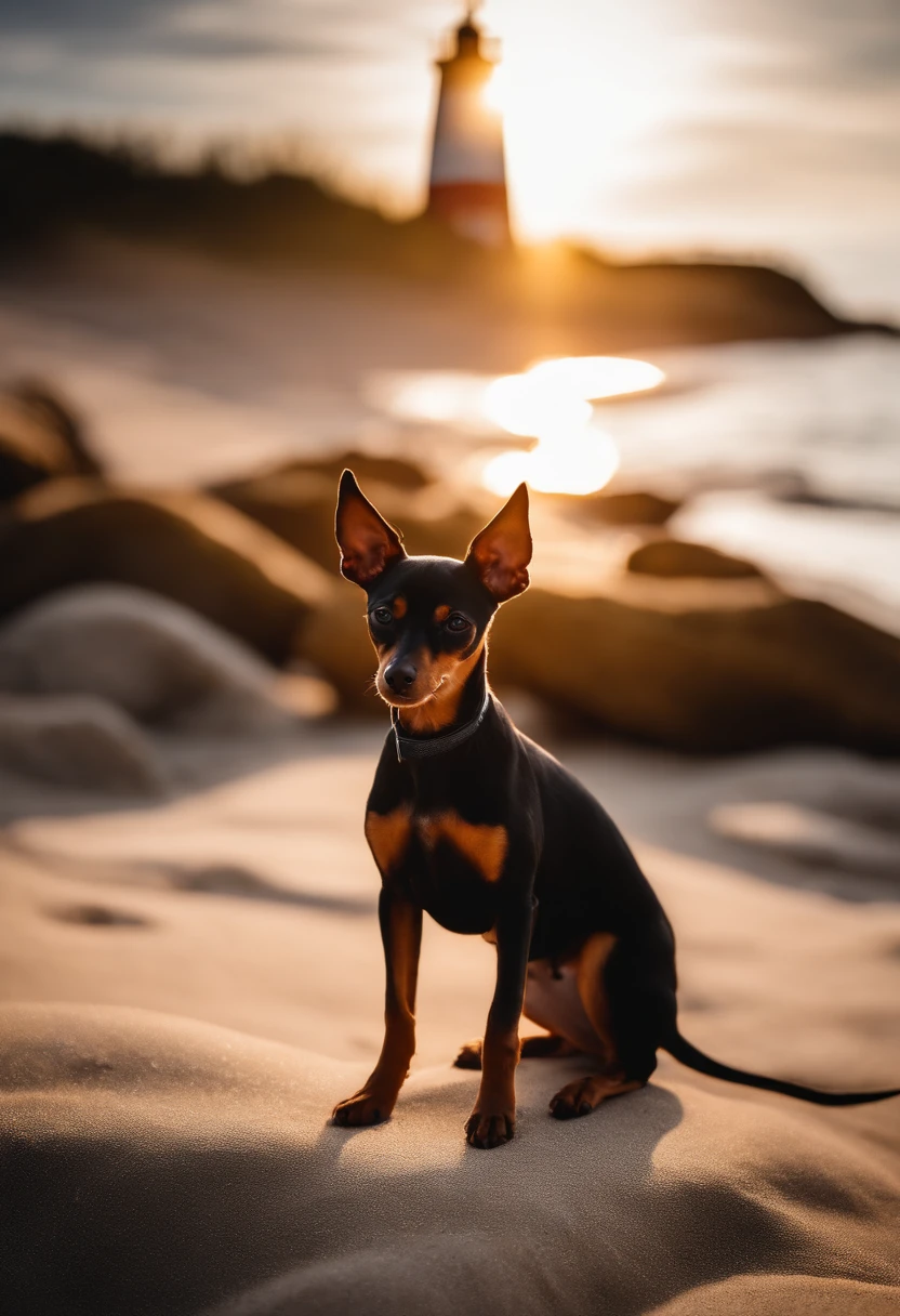 skinny small Miniature pinscher dog facing the sun, black and brown, sitting on a beach, watch the sunset, near a lighthouse focus, stones, sand, beach, sea, seabreeze, skinny, looking at the sun, skinny, clouds, waves