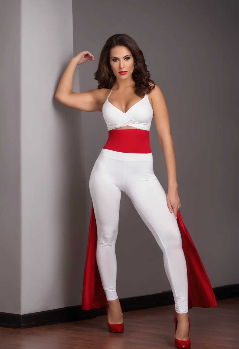 Beautiful brunette female, Beautiful brown eyes, Perfect skin, Standing, Posing in the studio, Professional Lighting Photography, White Super Tight White Lycra Spandex Pants, Red upper with plunging neckline, red high heels, looking straight at camera, full-length photo, ((Big Breasts Perfect Figure))