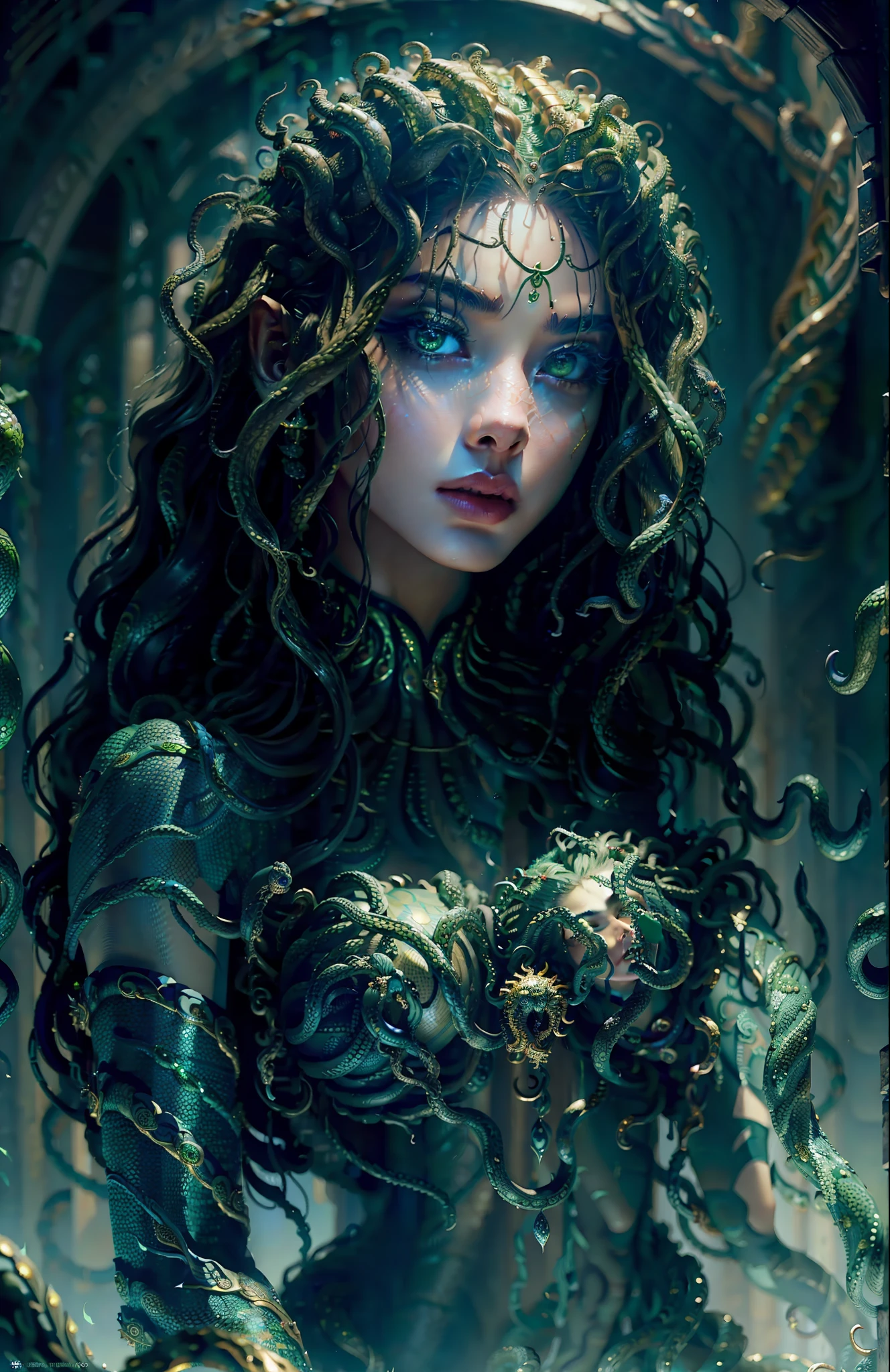 ((best quality)), ((masterpiece)), ((realistic)), Medusa, full body, the hair is composed of countless small snakes, green eyes, female face, metal carved top, royal aura, trend on artstation , sharp focus, studio photo, intricate detail, very detailed, detailed eye, illustration, very detailed, sharp focus, digital render, professional, 4k