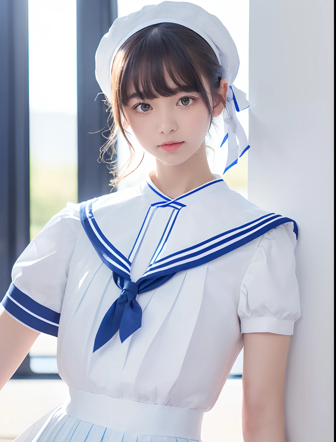 (fusion of white sundress and white school uniform:1.4), (white pleated skirt:1.5), (blue sailor collar:1.4), (white shirt:1.3), (short puff sleeve:1.2), (light-blue ribbon:1.3), (blue line on skirt:1.2), ((white socks, loafers):1.2),