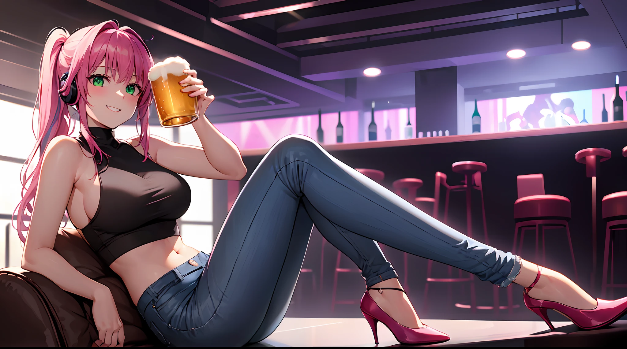 1boy,1girl,girl holding boy's penis,handjob,girl squatting on floor,black hair,woman focus,tongue out,sweaty,from side,vulgar smile,bukkake on face,sleeveless shirt,denim pants,at nightclub,excessive cum,detailed skin,armpit hair,from side,short hair,