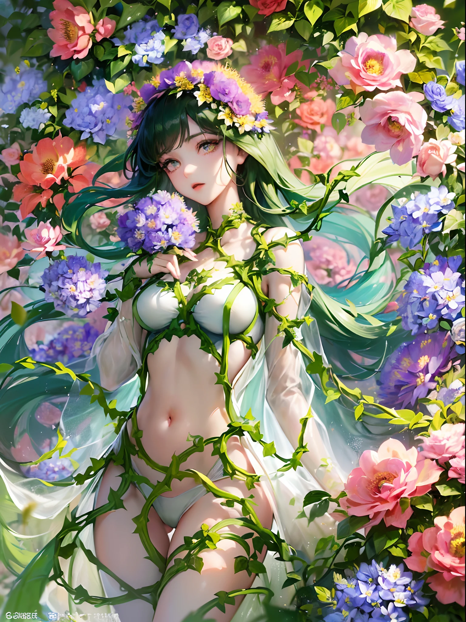 ((Finest quality)),(超A high resolution),(ultra-detailliert),(Meticulous portrayal),((best pictures)),(Finest works of art),Ultra-Precision Art,The art of astounding depiction,Fantasyart:1.5, ((Beautiful flowers々:1.5)),((Vine plants:1.5)), (Body being eroded by flowers:1.3),Glamorous Body:1.3,