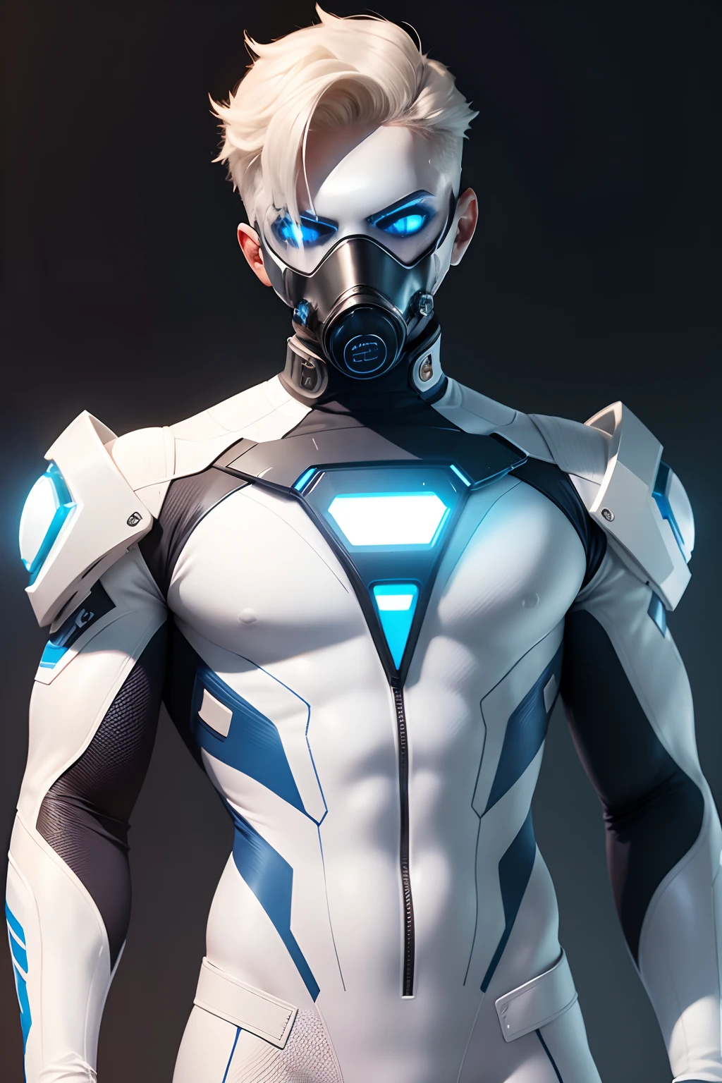 body suit, white and blue suit, futuristic suit, white gloves, skin tight bodysuit, toned male, teenager, slim male, face mask, bodysuit, futuristic, sci fi, toned male,gas mask, skinny body