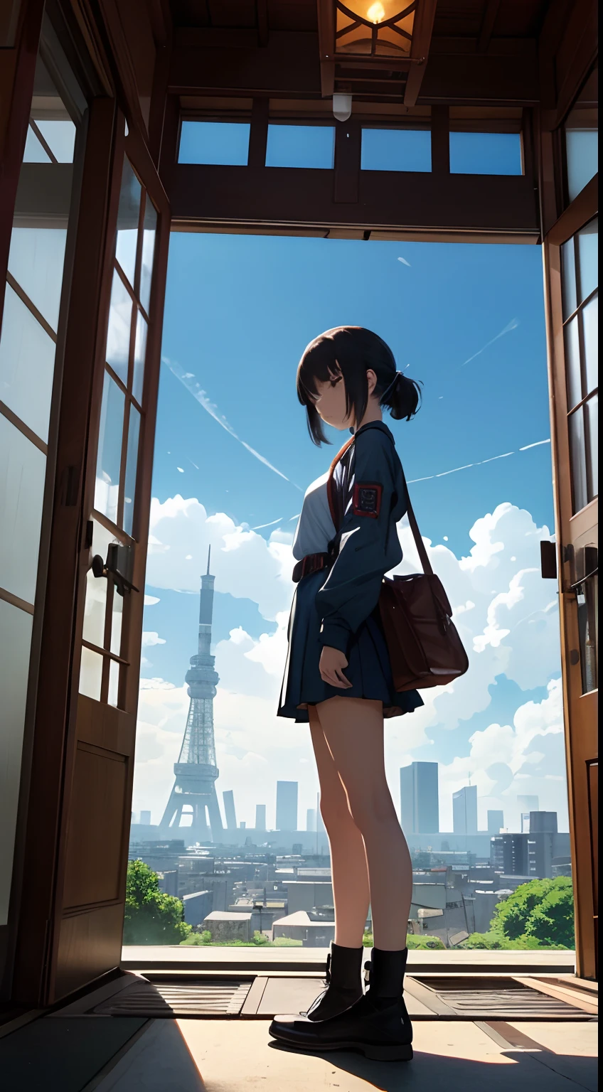 katsuhiro Otomo, Jean Giraud, surreal, mysterious, bizarre, fantastical, fantasy, sci-fi, fantasy, anime, battlefield of Tokyo, ruins, crumbling Tokyo Tower in the background, a few clouds in the blue sky, a door standing middle of war zone field, a beautiful miniskirt high school girl standing in front of the door, Japanese anime, detailed masterpiece depth of field, cinematic lighting high resolution definition quality