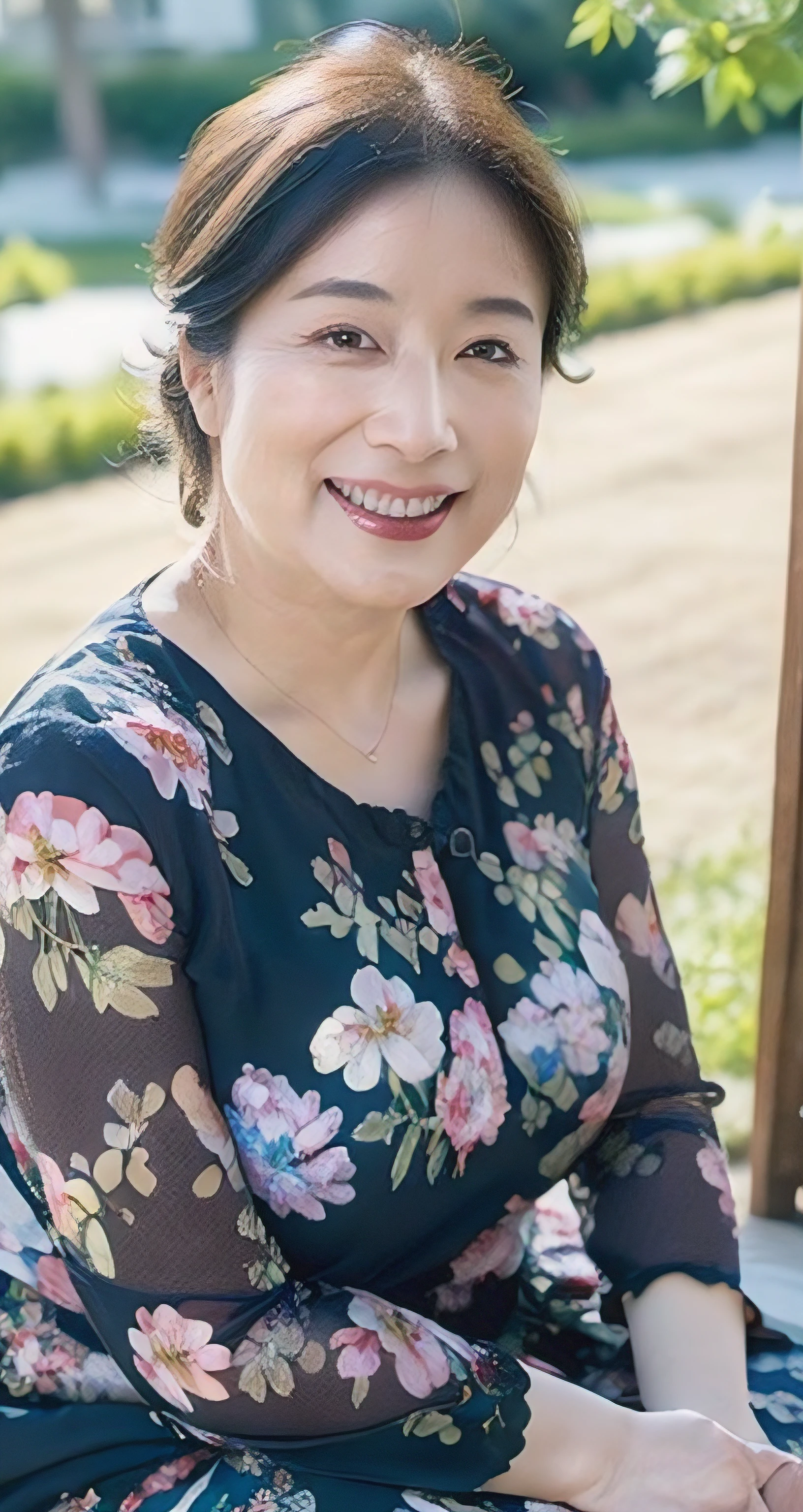 (8K, Best quality, Masterpiece:1.2), (Realistic, photo-realistic:1.37), (8K、RAW photography、Photorealsitic:1.3)、47-year-old mature woman sitting in the garden,The face is delicate,Elegant feminine,Happy and charming,The fabric of the shirt outlines the huge chest contour of her M cups,The clothes conform to her curves,